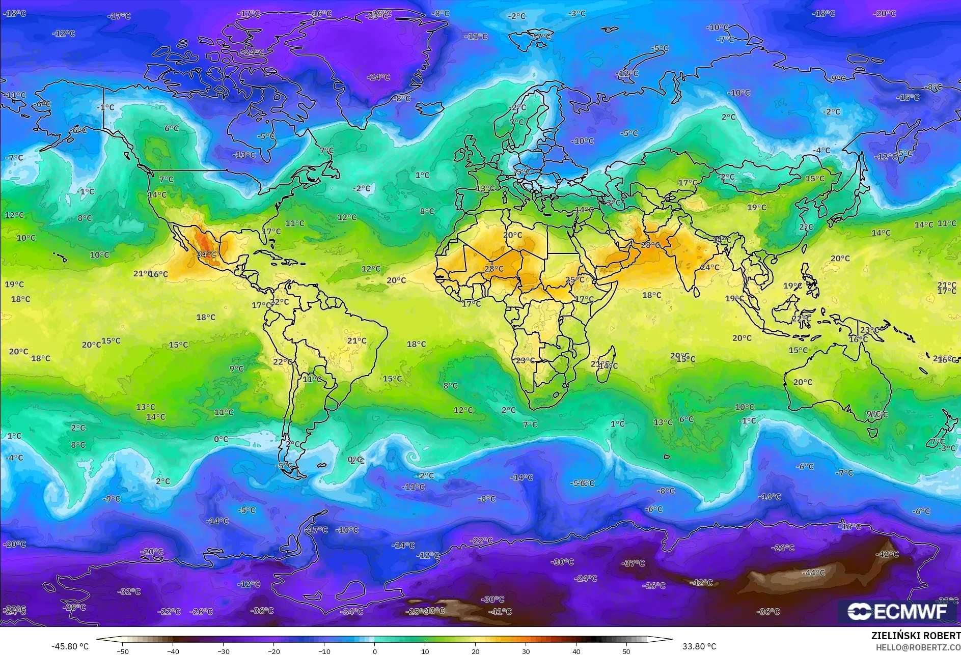 ECMWF IFS 0.25° model - World, Temperature at 850hPa