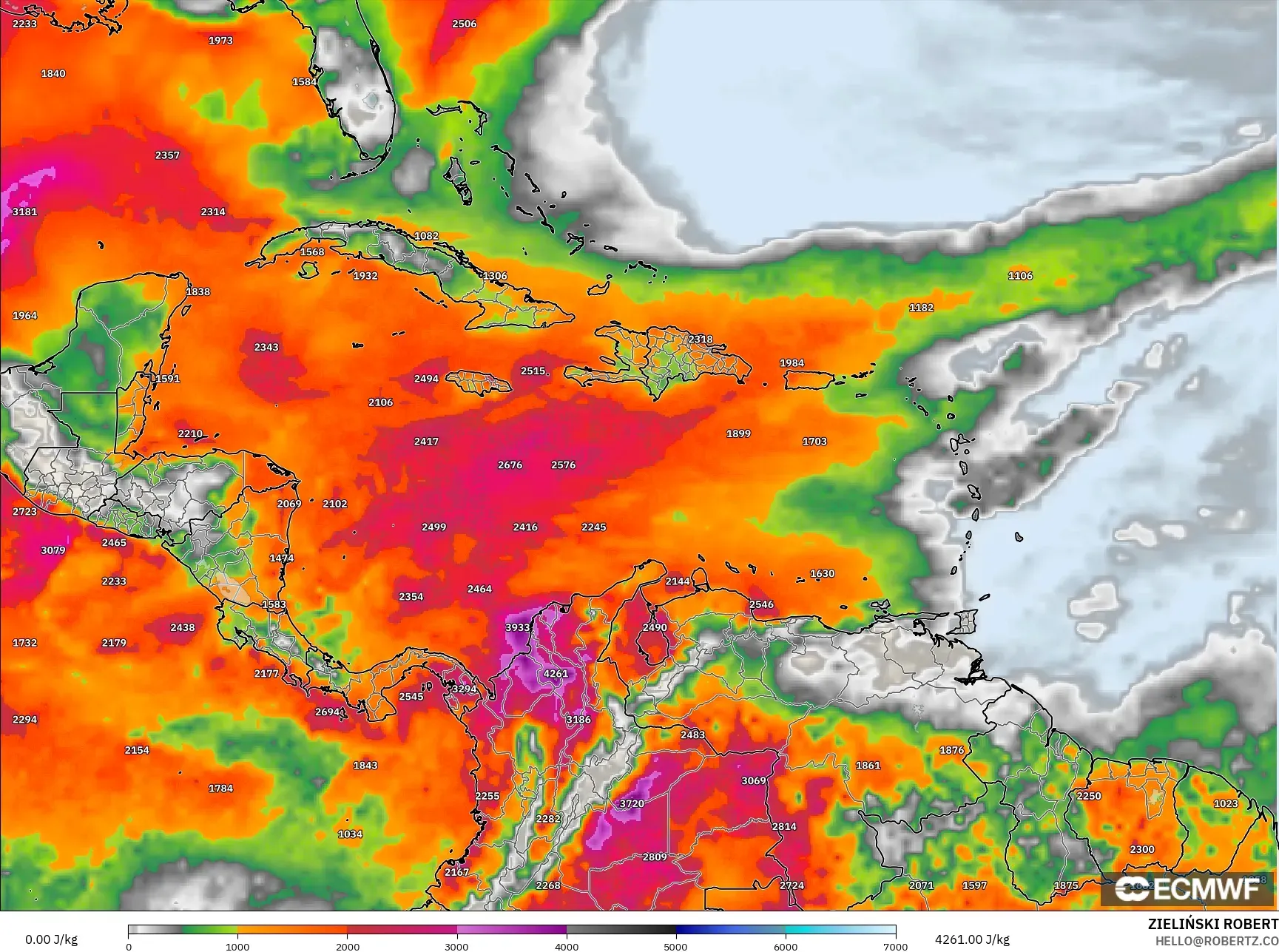 ECMWF IFS 0.25° model - Caribbean, CAPE