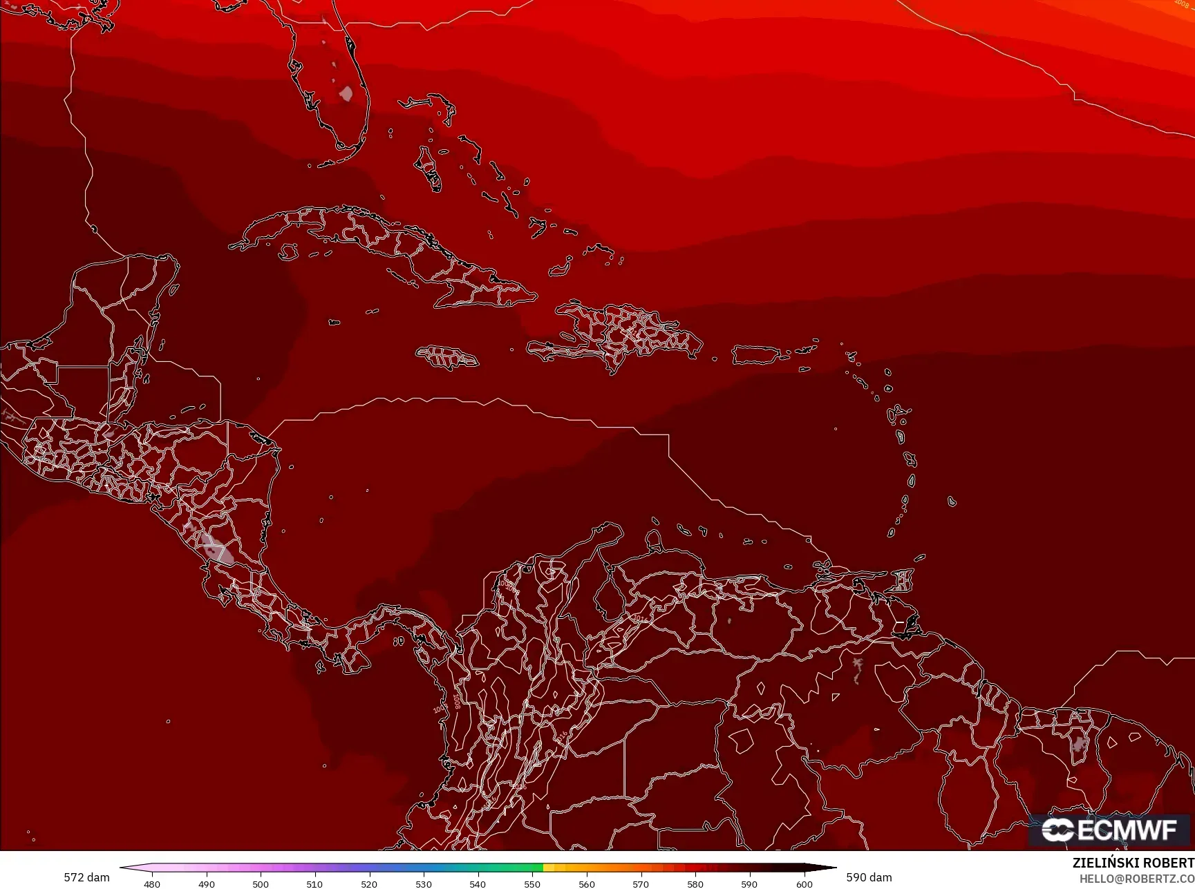 ECMWF IFS 0.25° model - Caribbean, Geopotential height at 500hPa