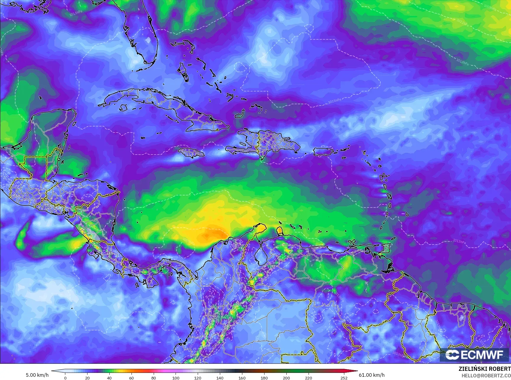 ECMWF IFS 0.25° model - Caribbean, Wind Gusts Peak
