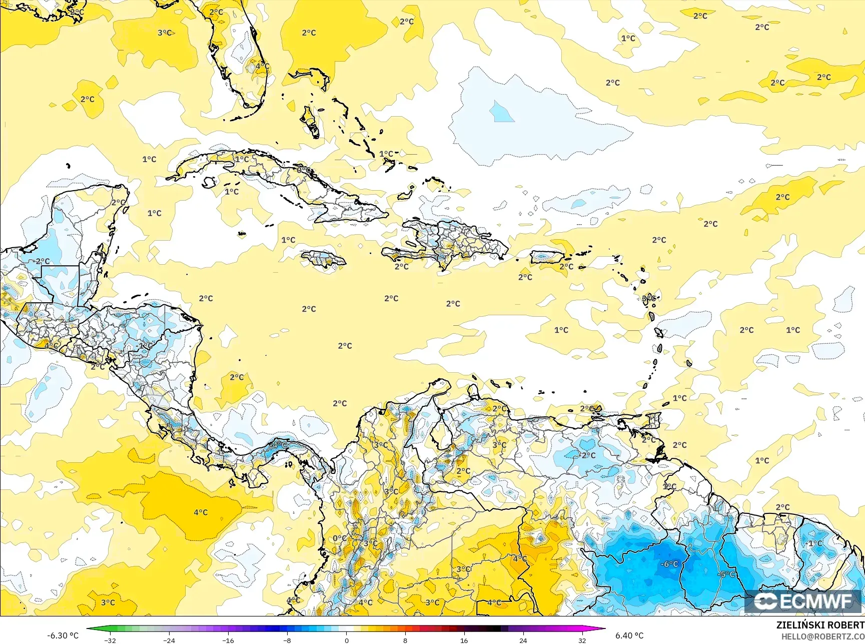 ECMWF IFS 0.25° model - Caribbean, Temperature at 2m Anomaly