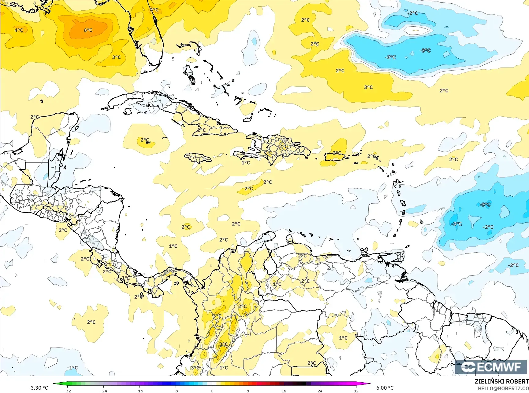 ECMWF IFS 0.25° model - Caribbean, Temperature at 850hPa Anomaly