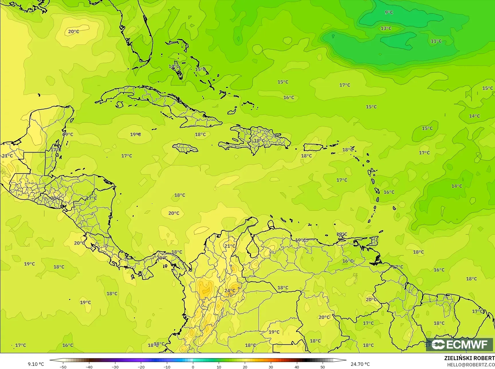 ECMWF IFS 0.25° model - Caribbean, Temperature at 850hPa