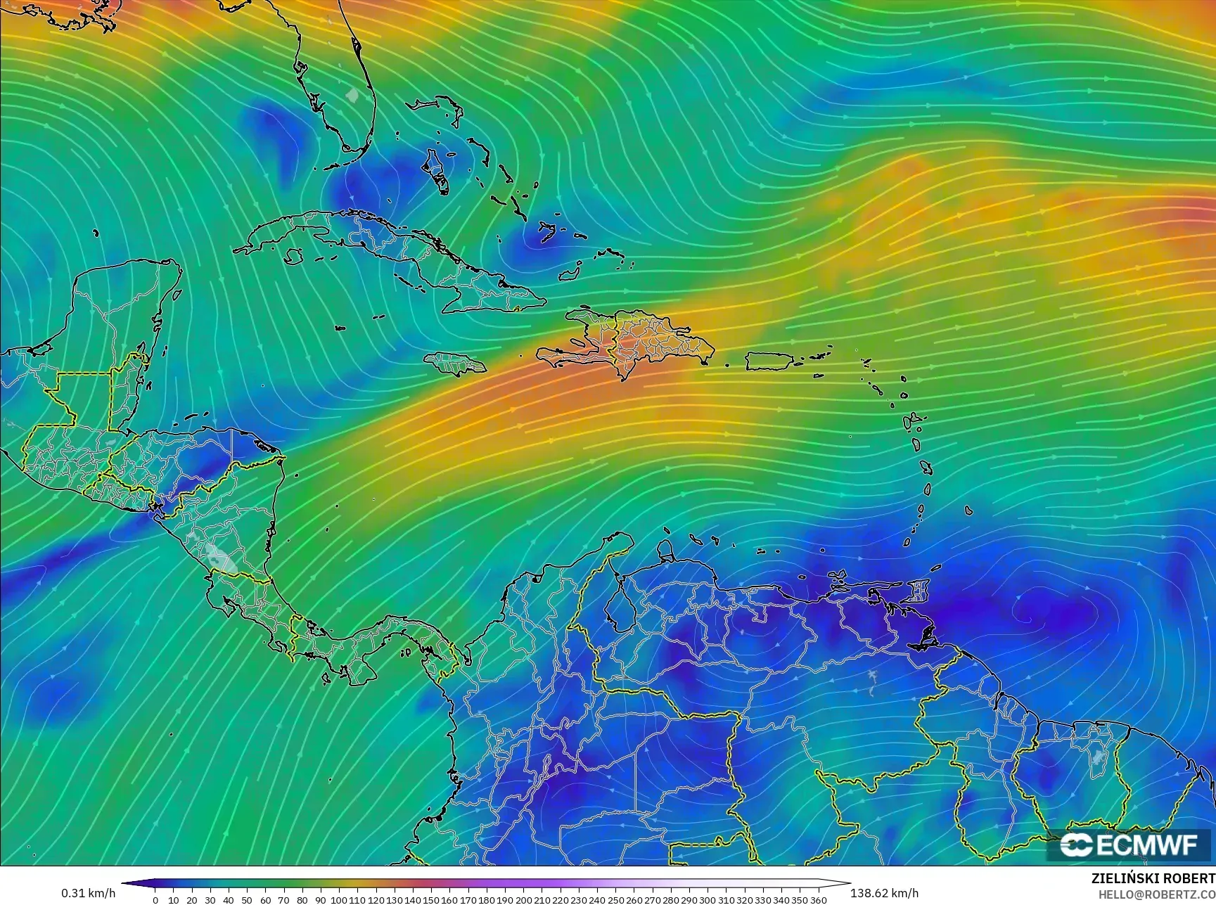 ECMWF IFS 0.25° model - Caribbean, Wind at 300hPa (jet stream)