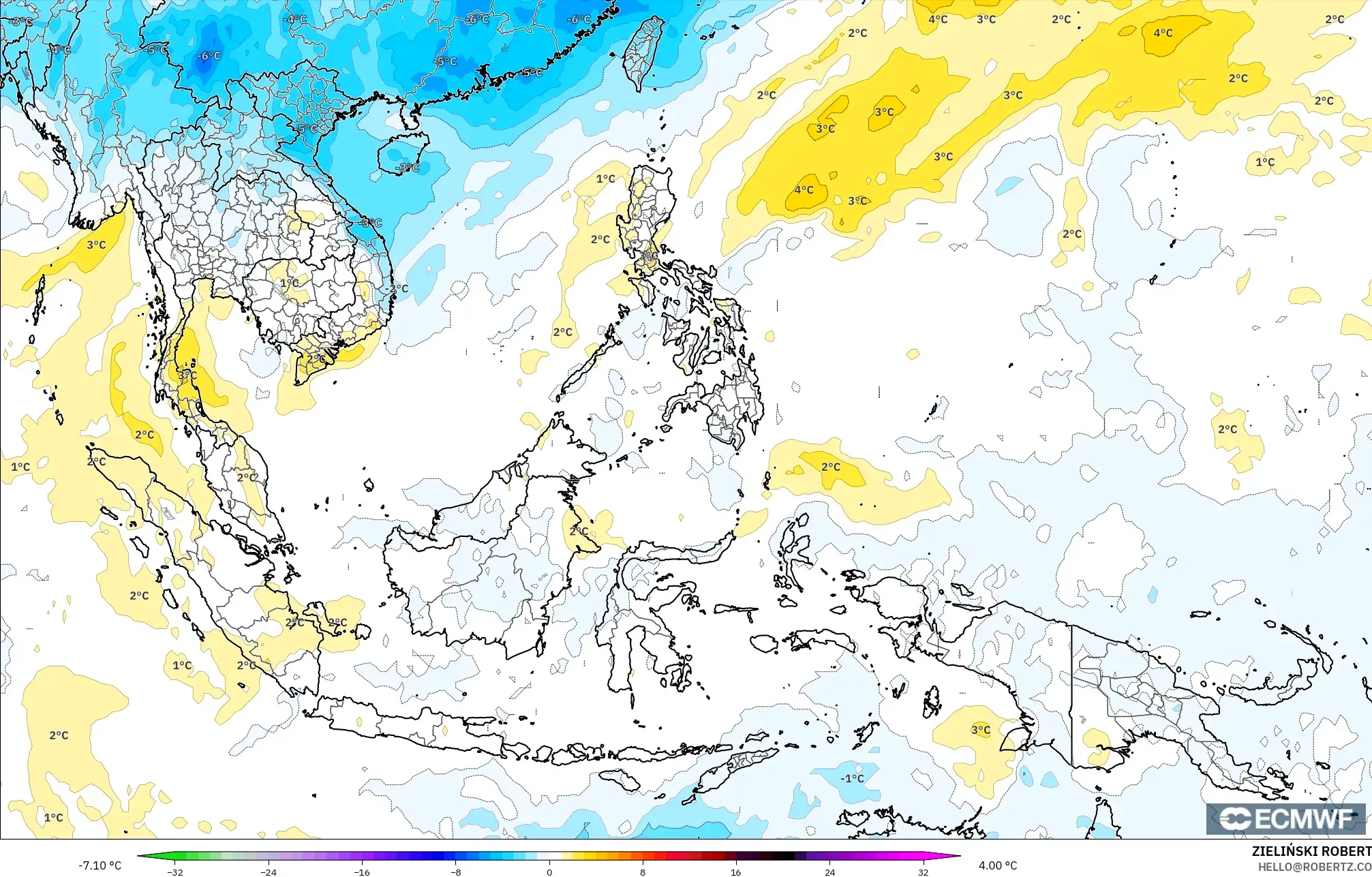ECMWF IFS 0.25° model - South East Asia, Temperature at 850hPa Anomaly