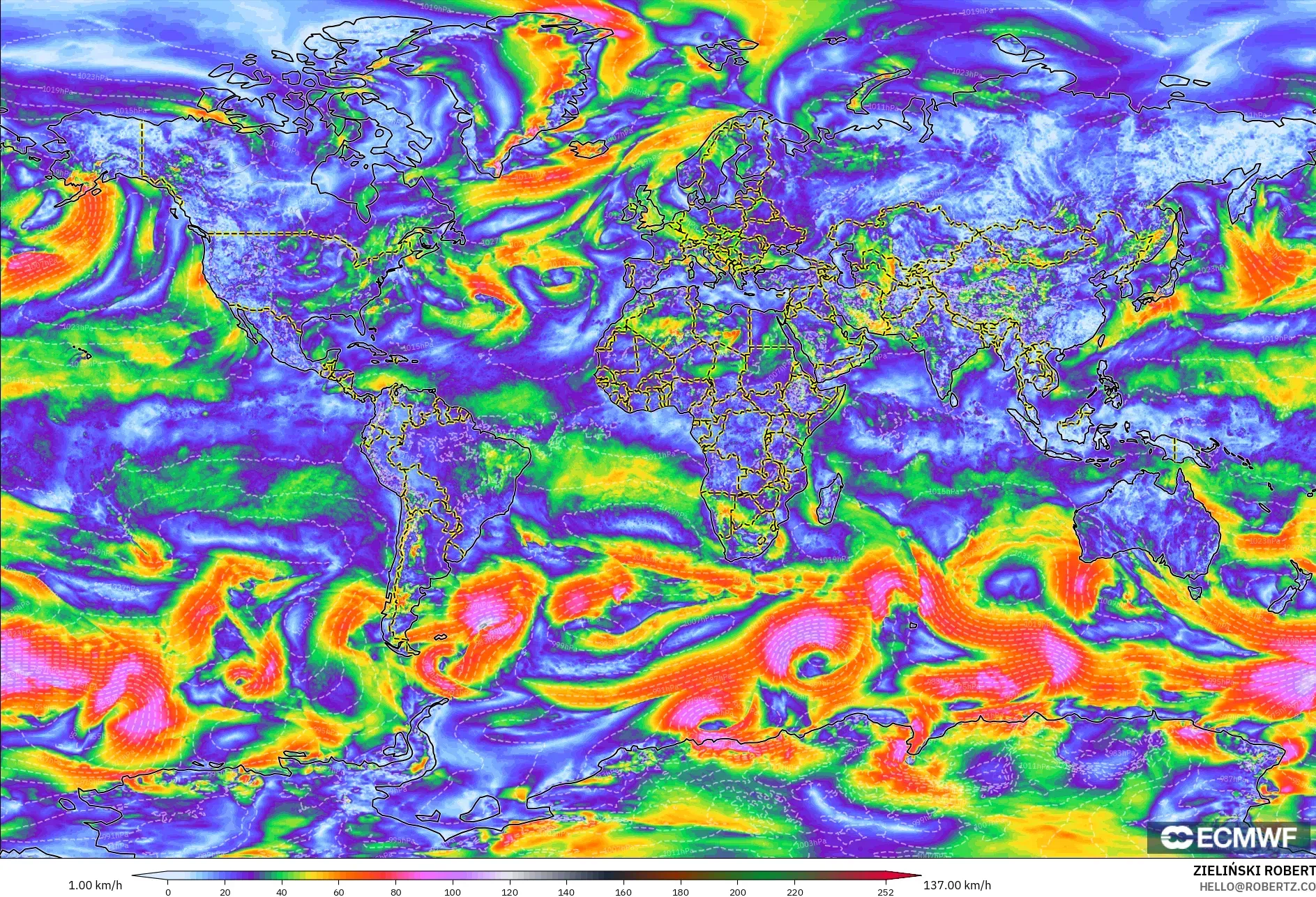 ECMWF IFS 0.25° model - World, Wind Gusts
