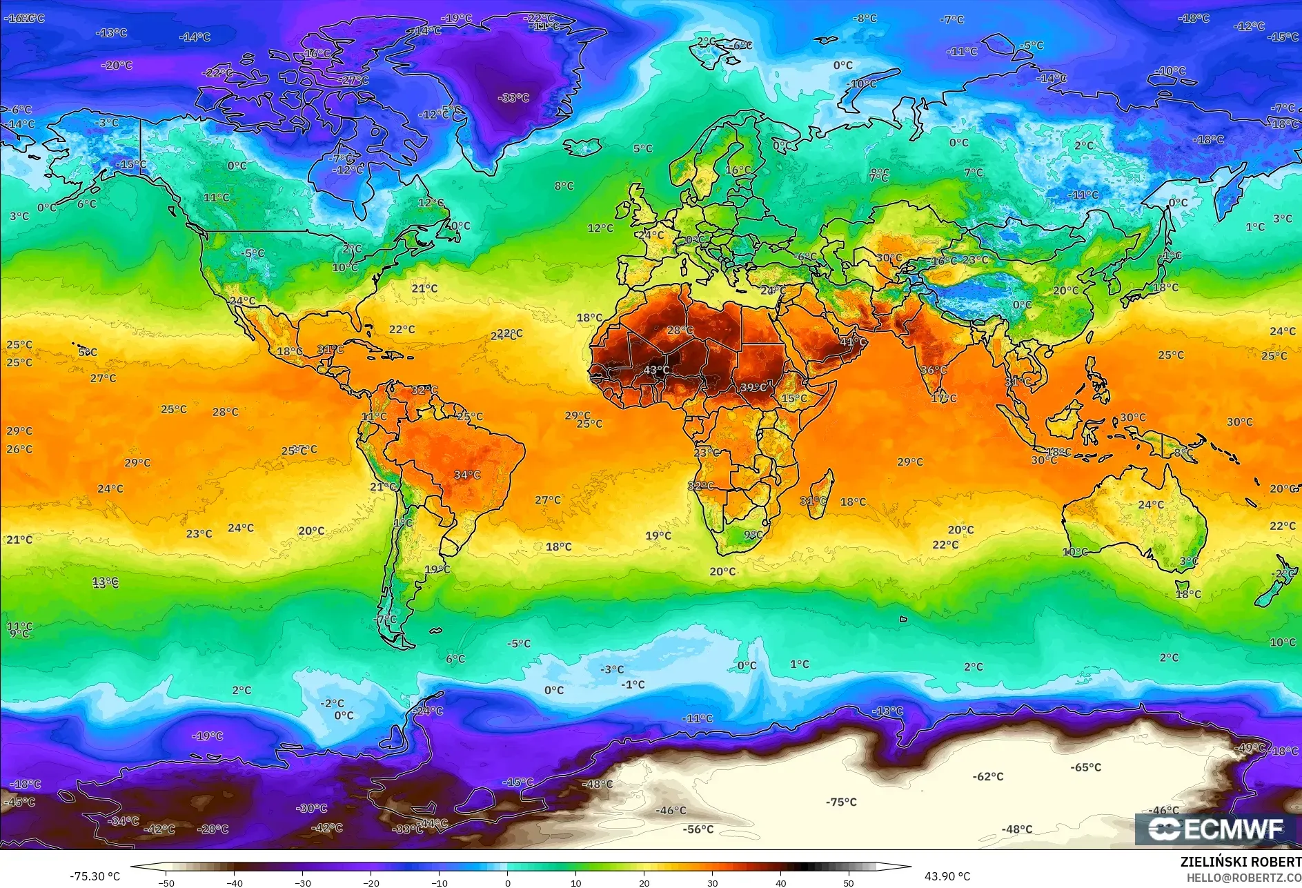 ECMWF IFS 0.25° model - World, Temperature at 2m