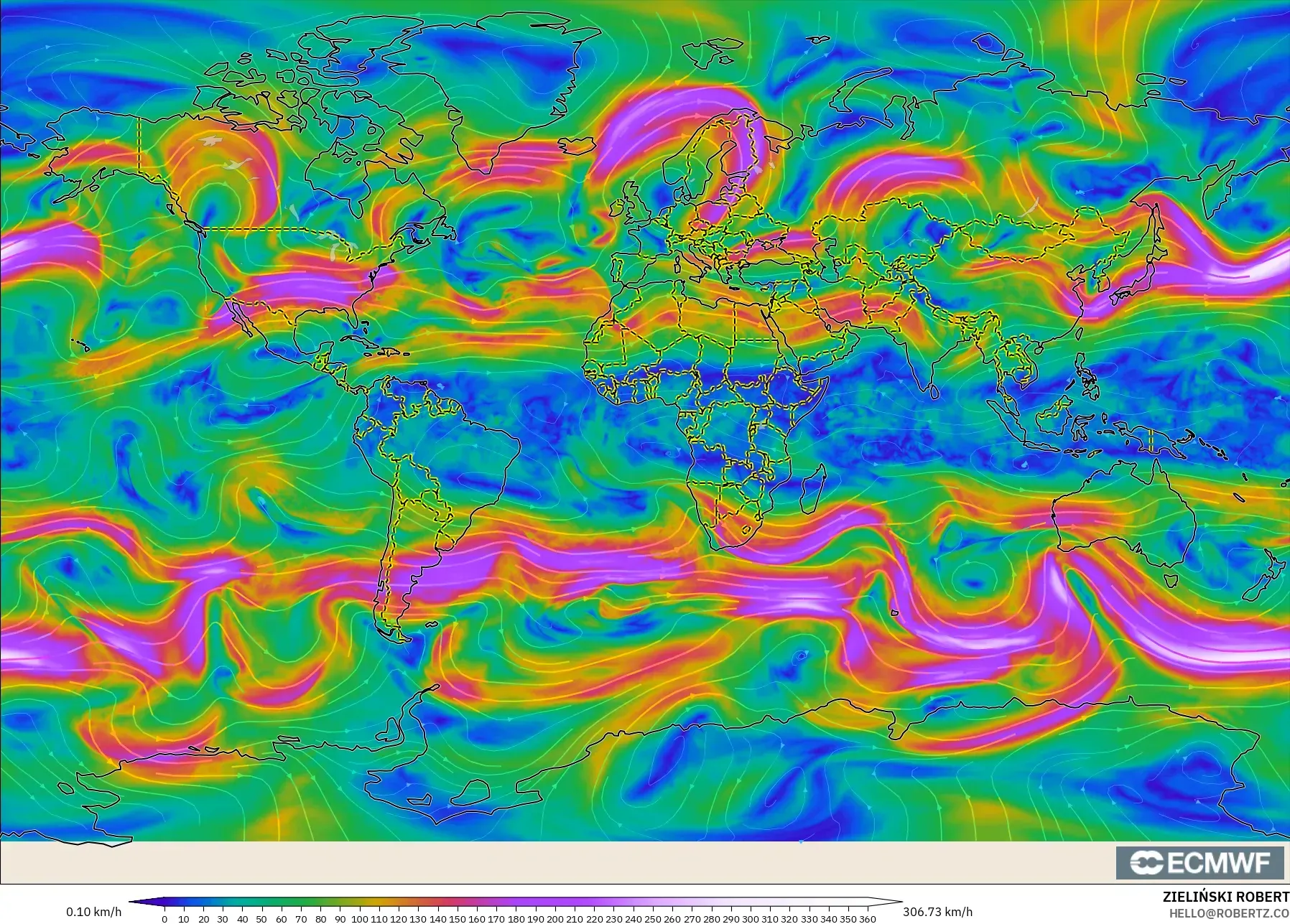 ECMWF IFS 0.25° model - World, Wind at 300hPa (jet stream)