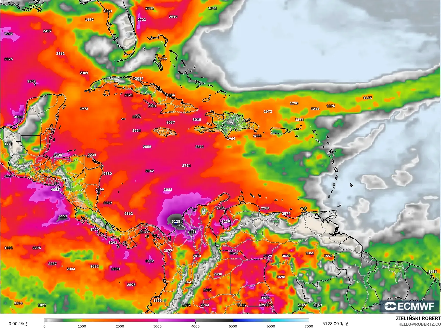 ECMWF IFS 0.25° model - Caribbean, CAPE