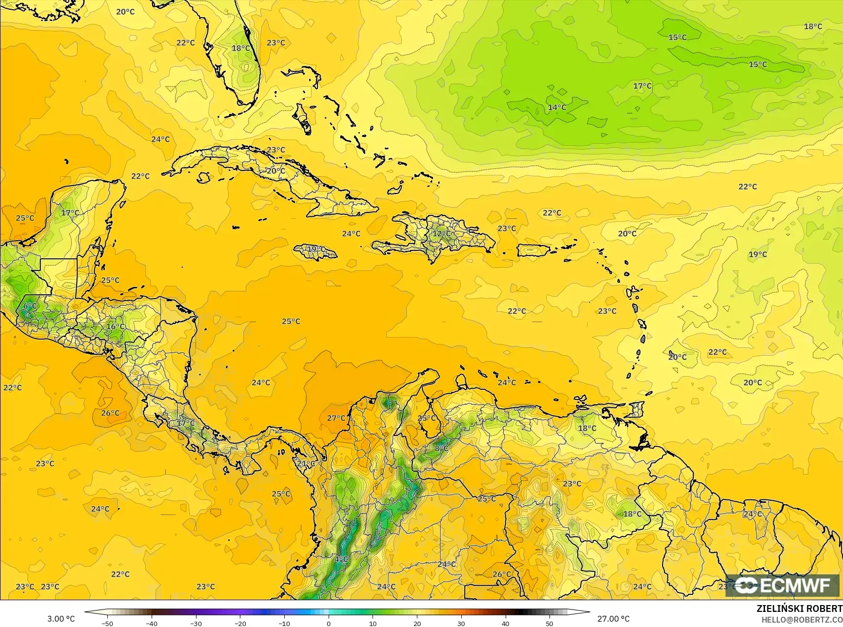 ECMWF IFS 0.25° model - Caribbean, Dewpoint at 2m