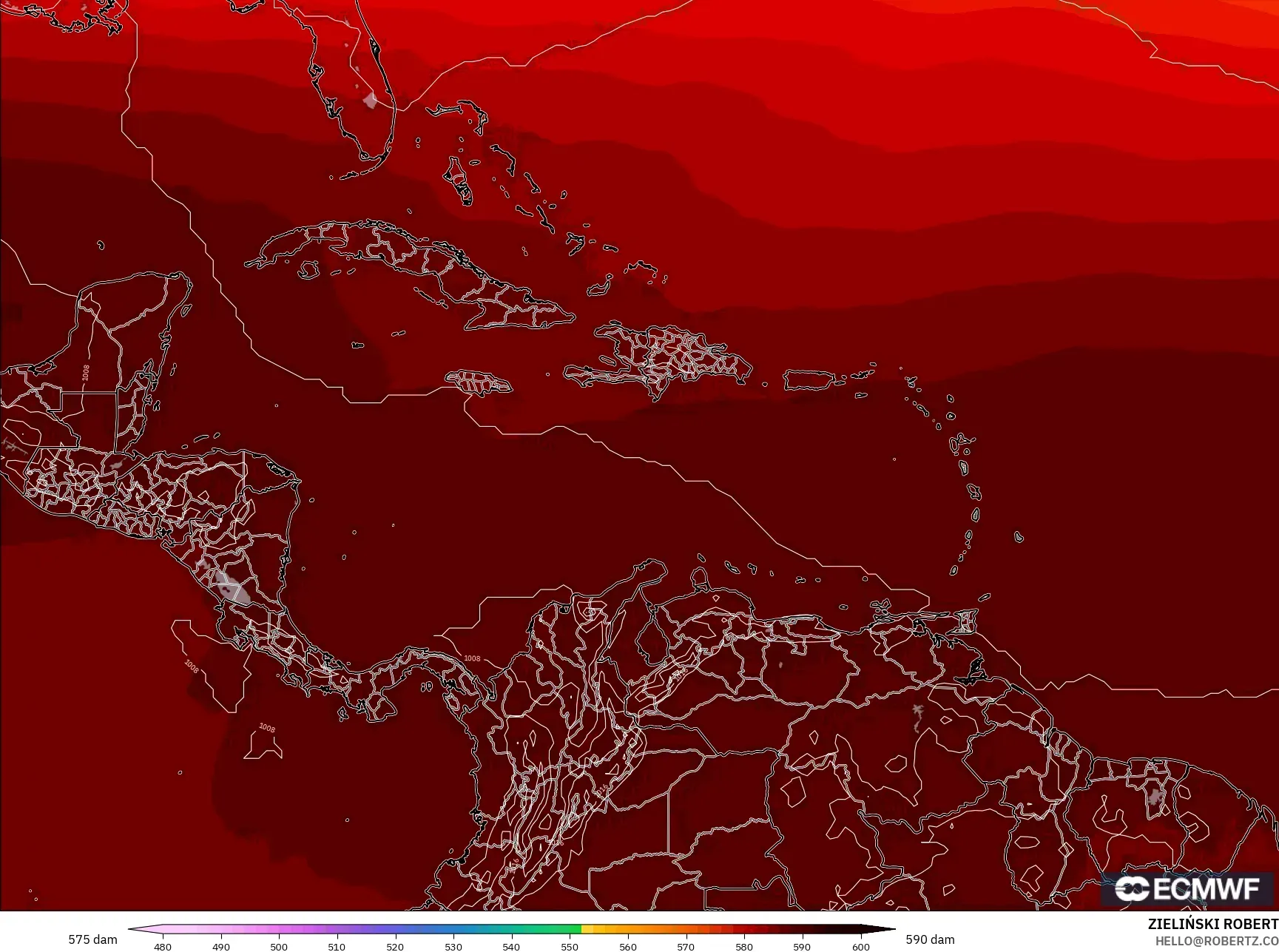 ECMWF IFS 0.25° model - Caribbean, Geopotential height at 500hPa
