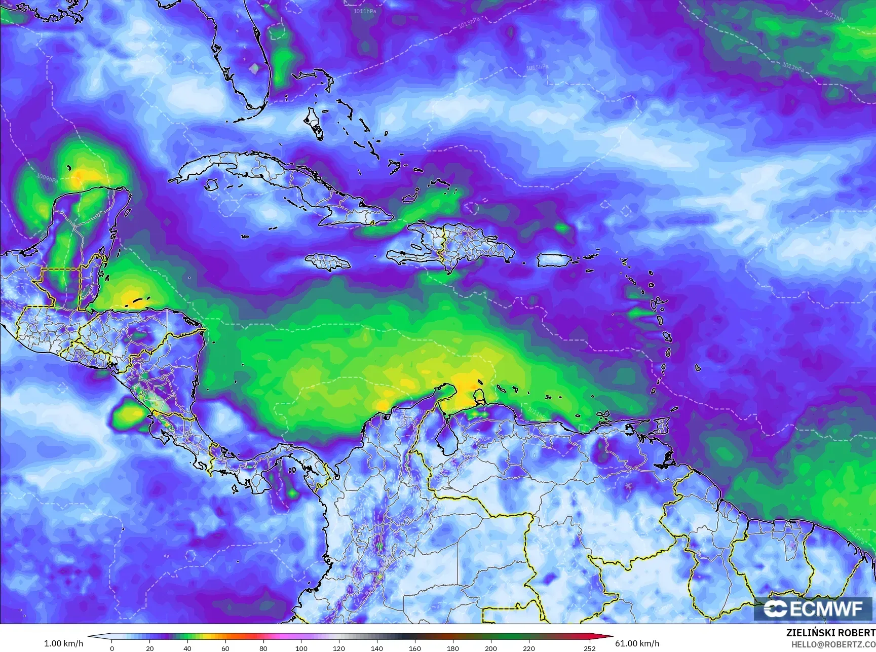 ECMWF IFS 0.25° model - Caribbean, Wind Gusts