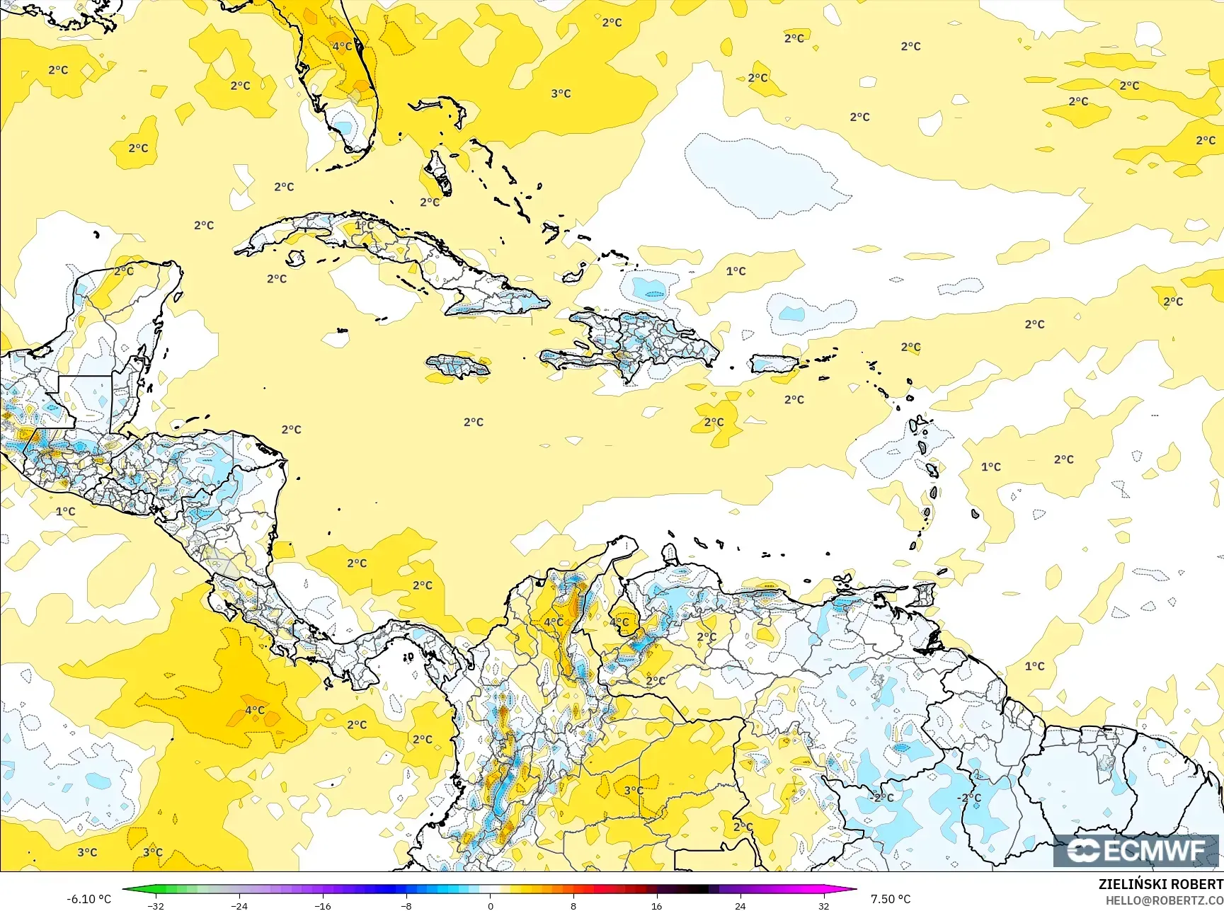 ECMWF IFS 0.25° model - Caribbean, Temperature at 2m Anomaly