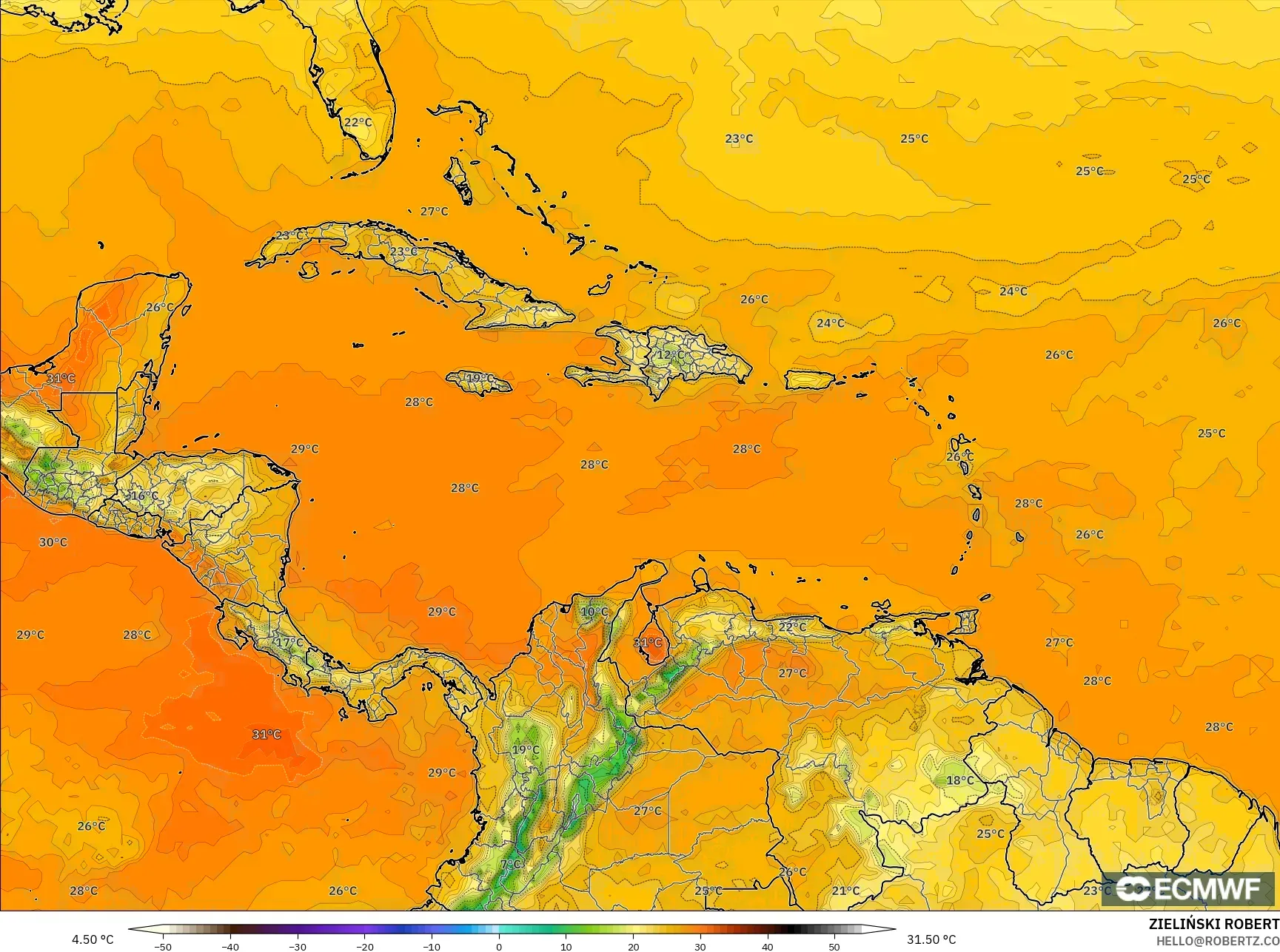 ECMWF IFS 0.25° model - Caribbean, Temperature at 2m