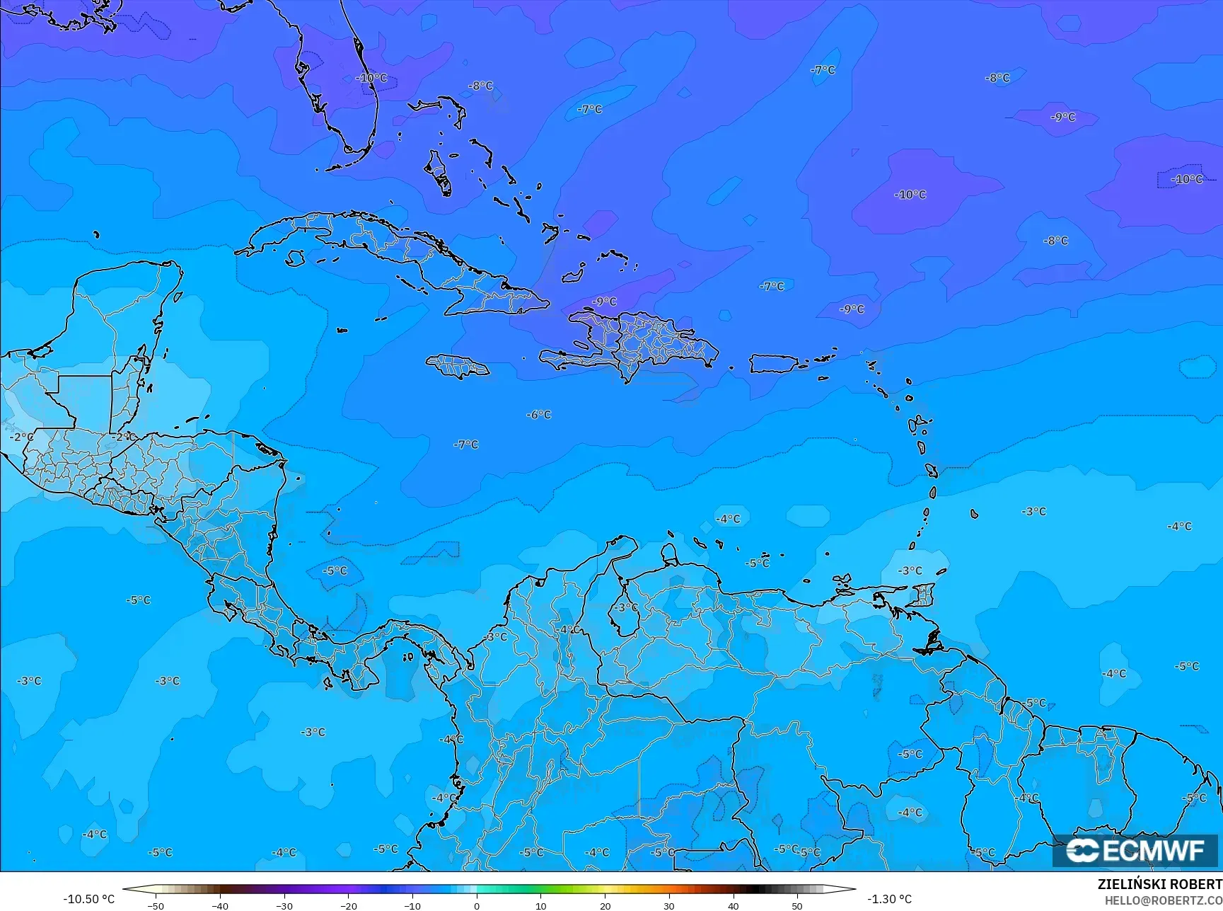 ECMWF IFS 0.25° model - Caribbean, Temperature at 500hPa