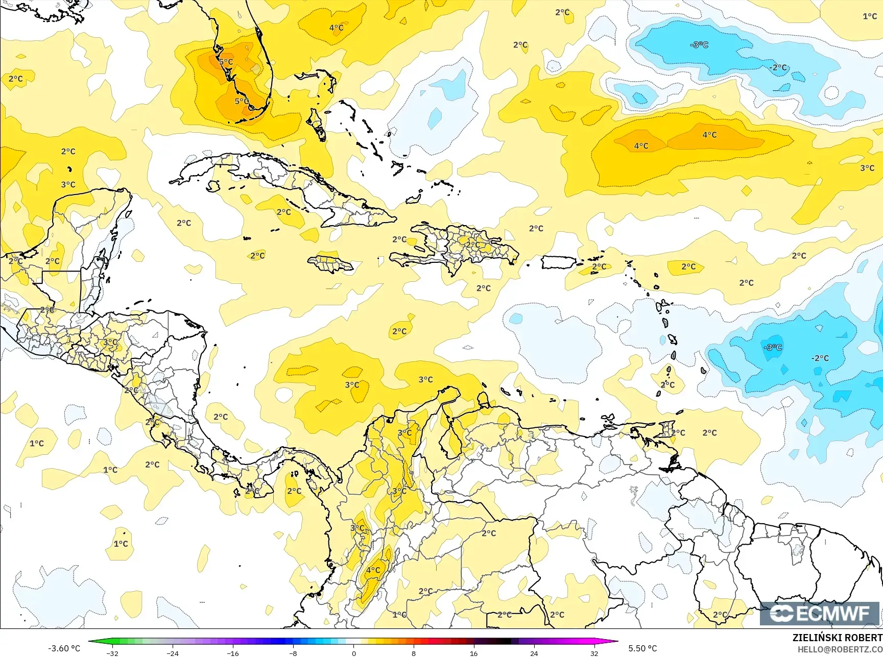 ECMWF IFS 0.25° model - Caribbean, Temperature at 850hPa Anomaly