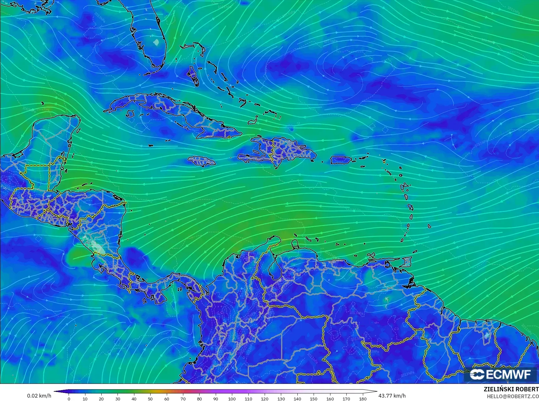 ECMWF IFS 0.25° model - Caribbean, Wind at 10m