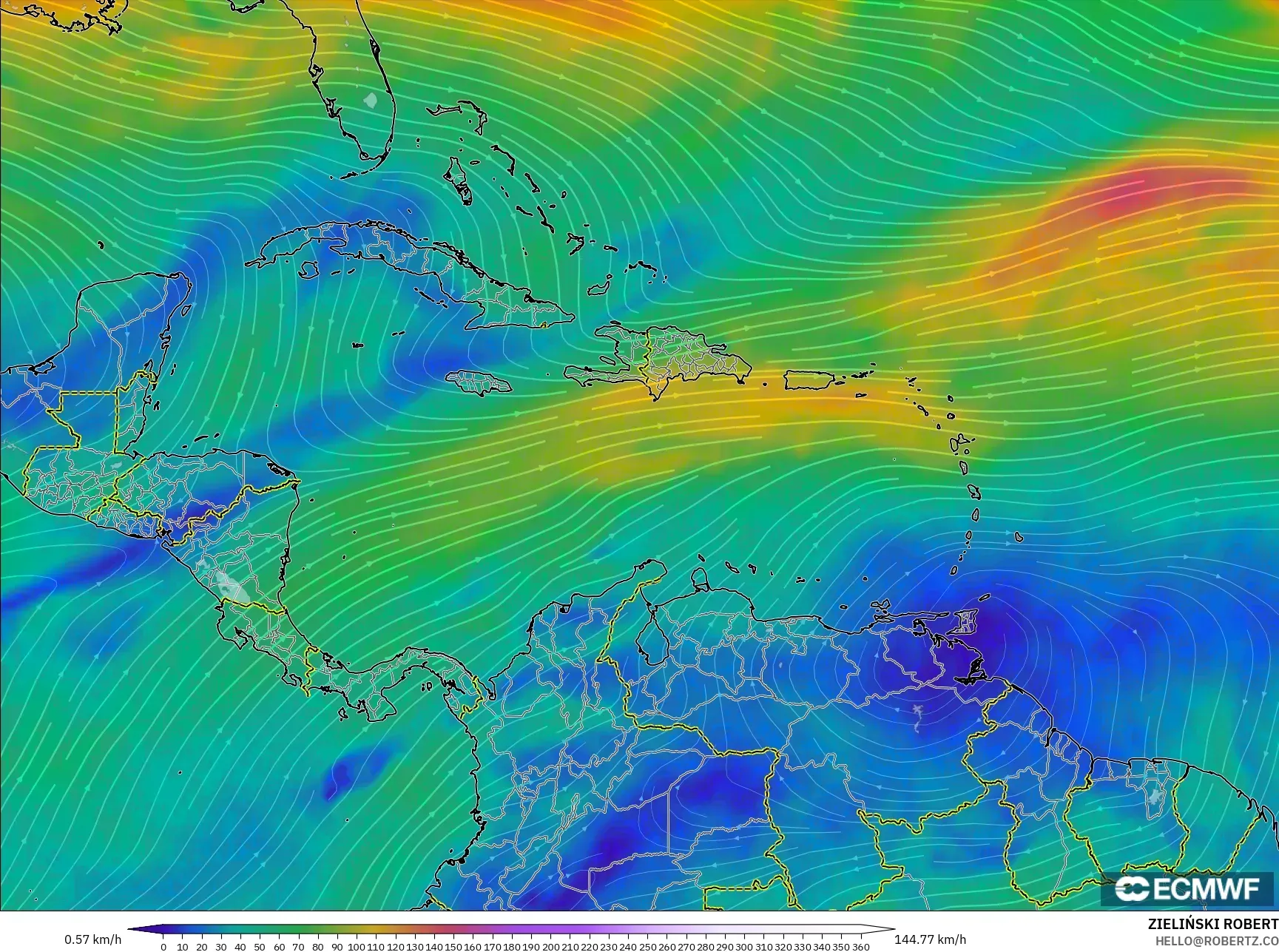 ECMWF IFS 0.25° model - Caribbean, Wind at 300hPa (jet stream)