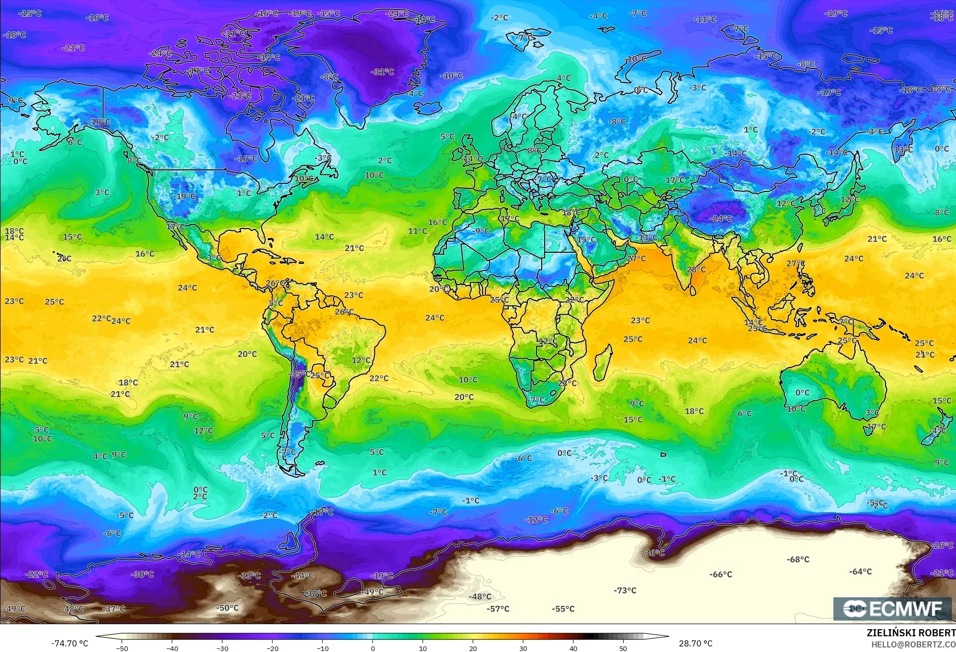 ECMWF IFS 0.25° model - World, Dewpoint at 2m