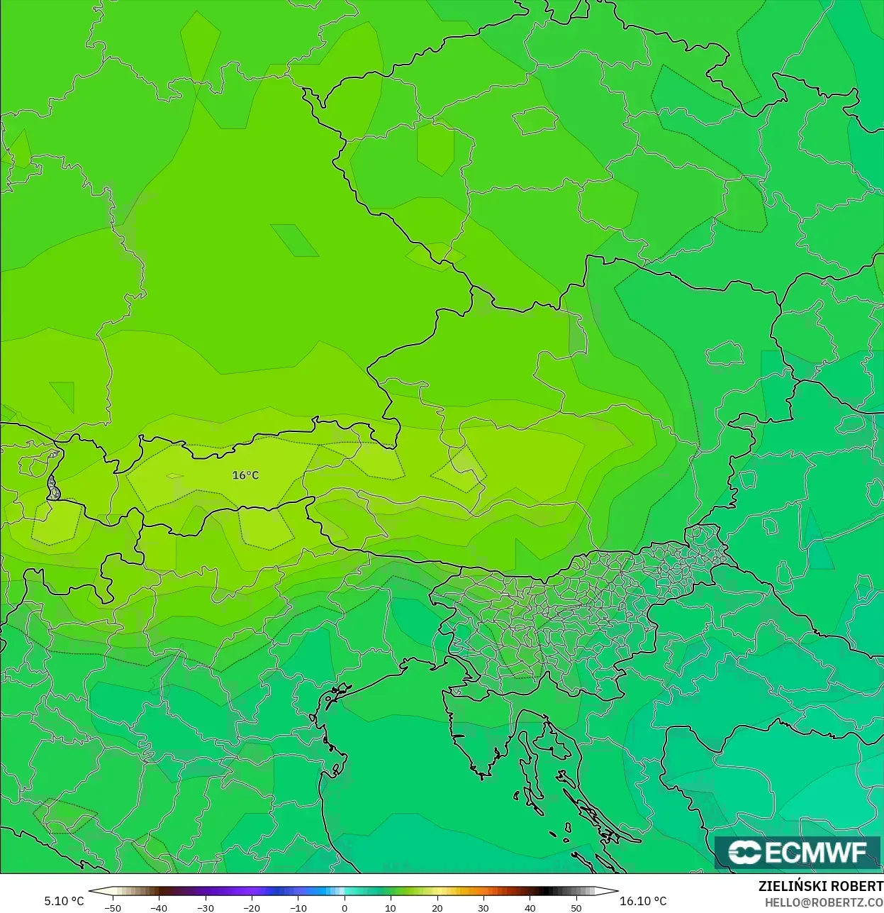 ECMWF IFS 0.25° model - Austria, Temperature at 850hPa