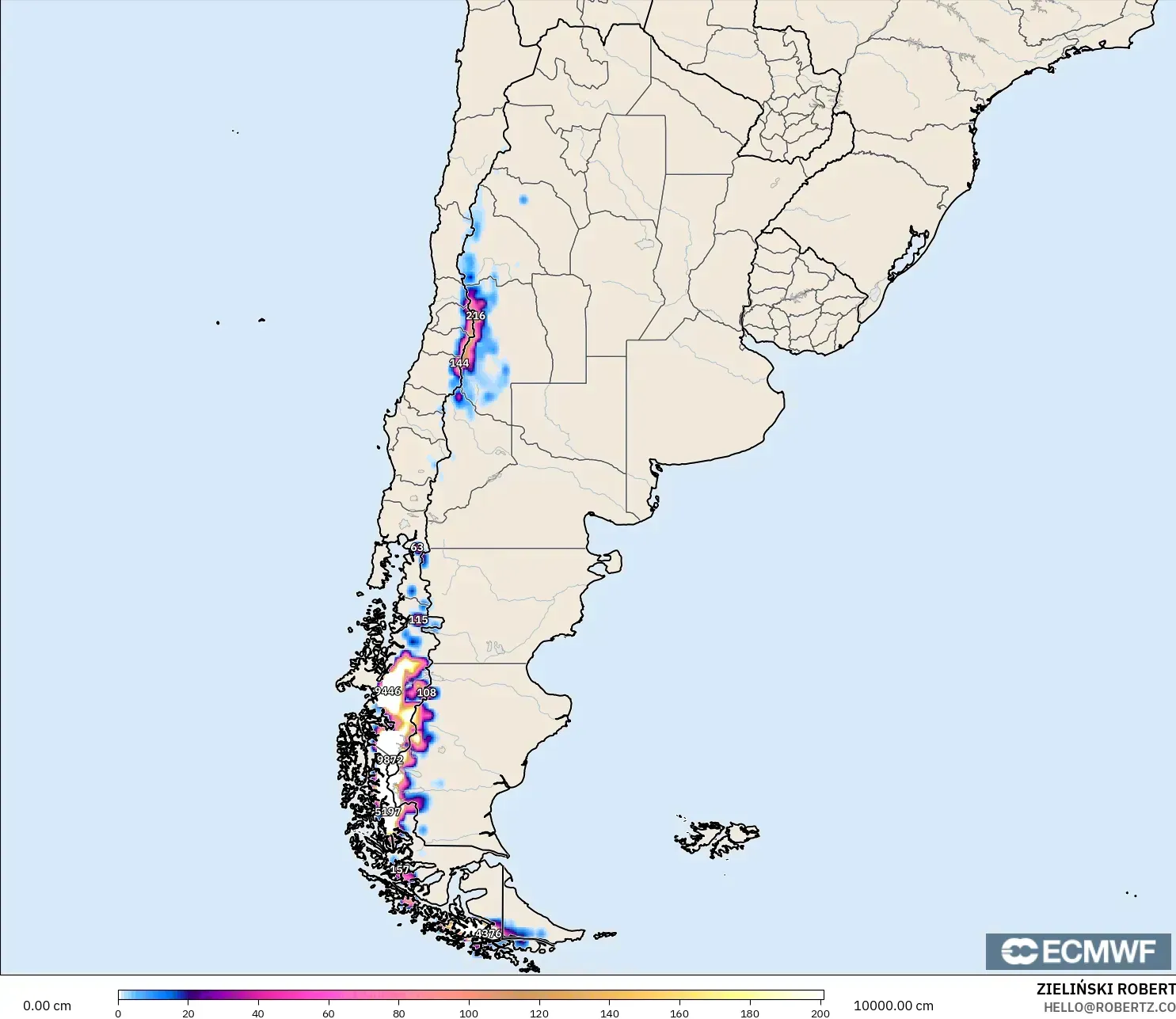 ECMWF IFS 0.25° model - Argentina, Snow Depth