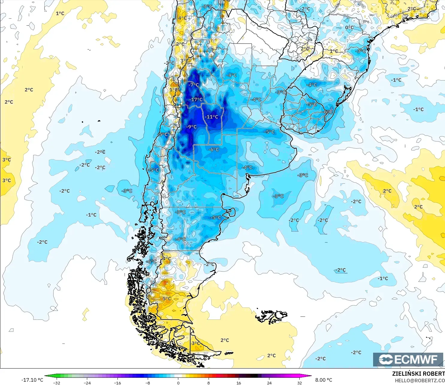 ECMWF IFS 0.25° model - Argentina, Temperature at 2m Anomaly