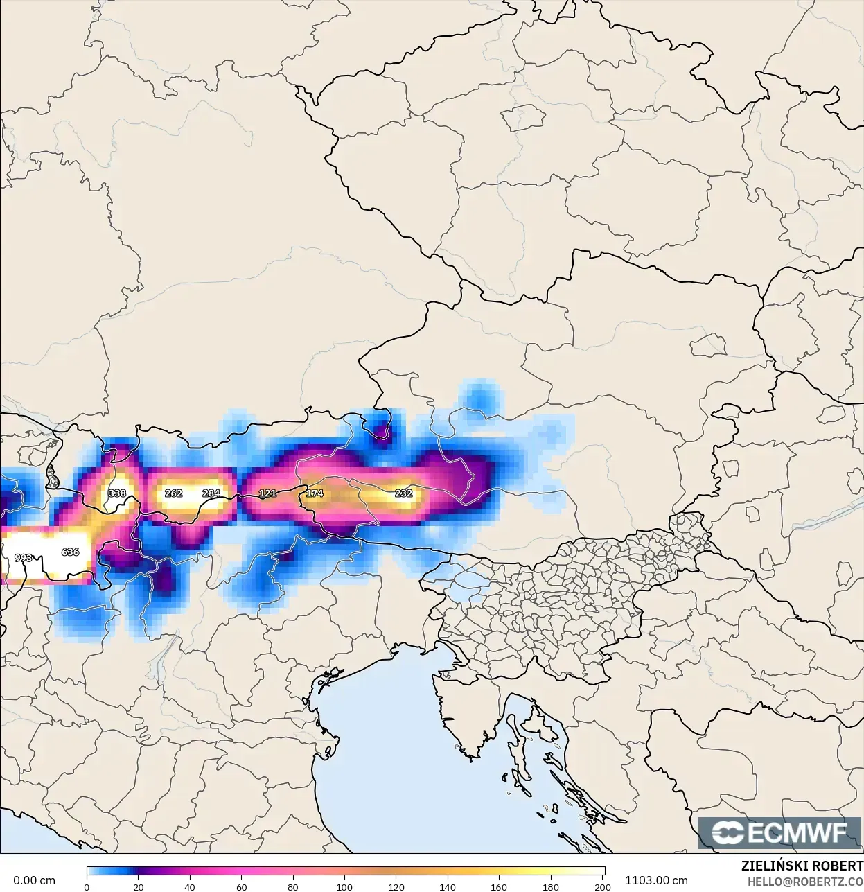 ECMWF IFS 0.25° model - Austria, Snow Depth