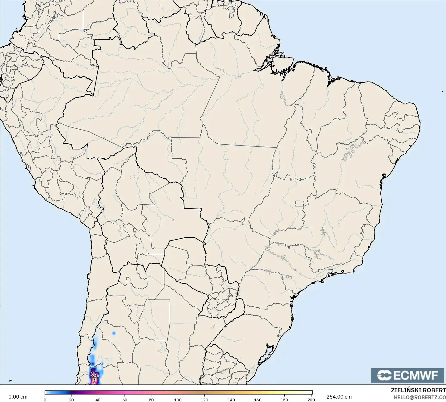 ECMWF IFS 0.25° model - Brazil, Snow Depth