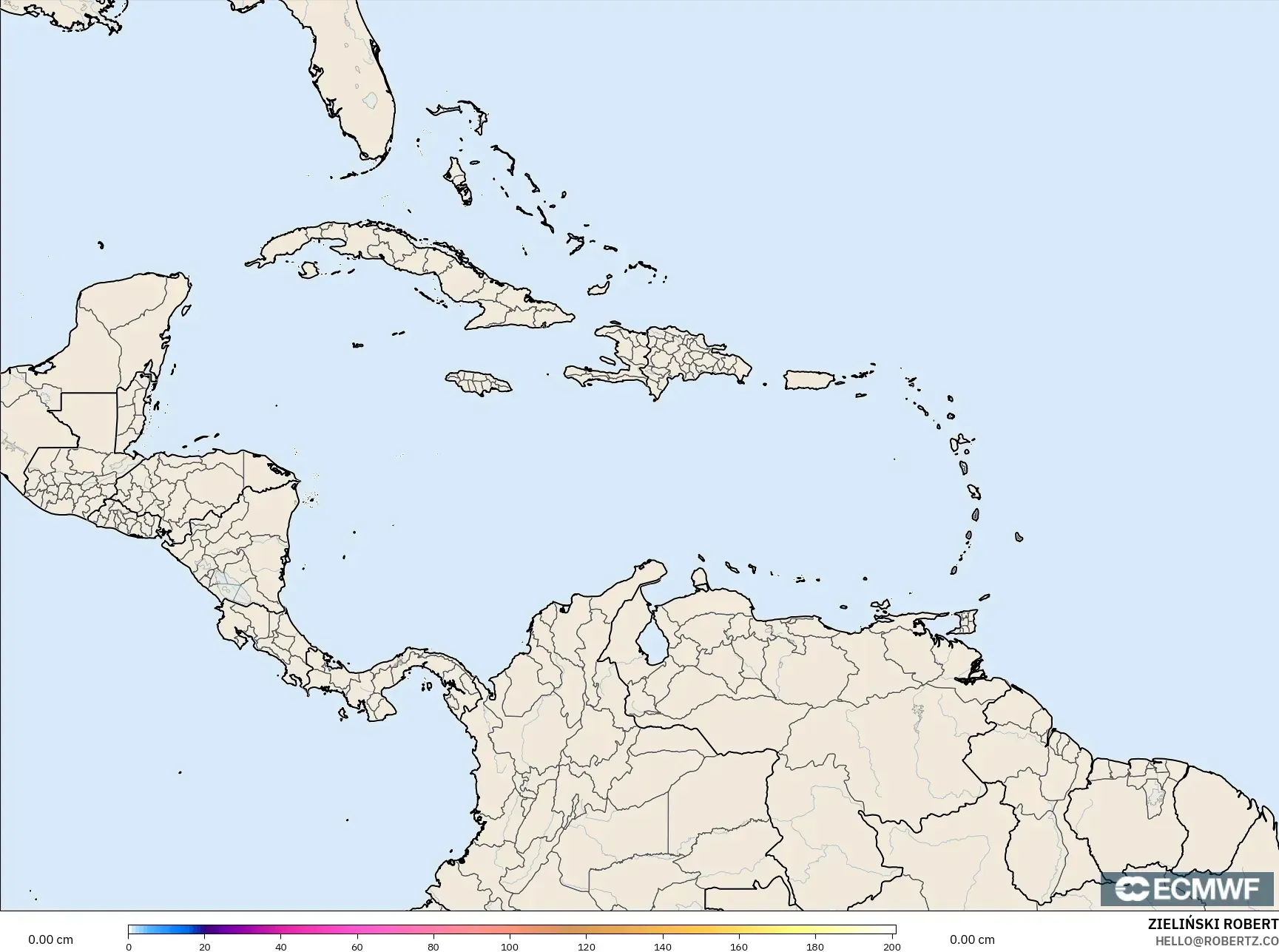 ECMWF IFS 0.25° model - Caribbean, Snow Depth