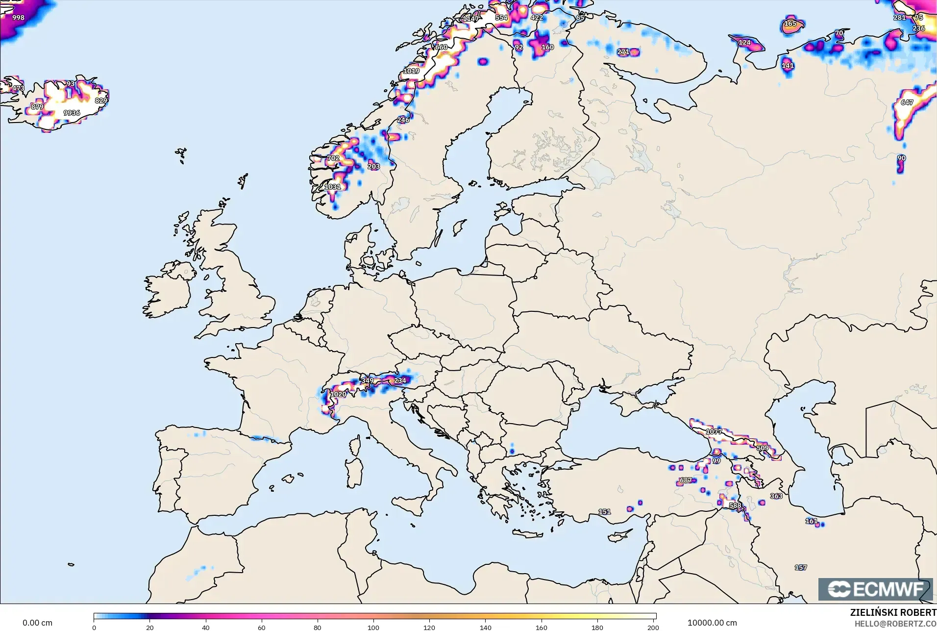 ECMWF IFS 0.25° model - Europe, Snow Depth