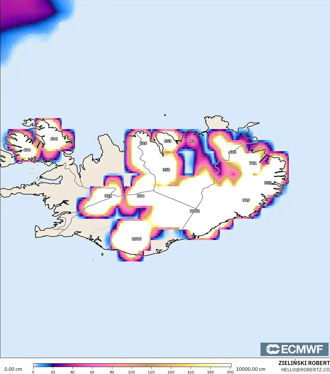 ECMWF IFS 0.25° model - Iceland, Snow Depth
