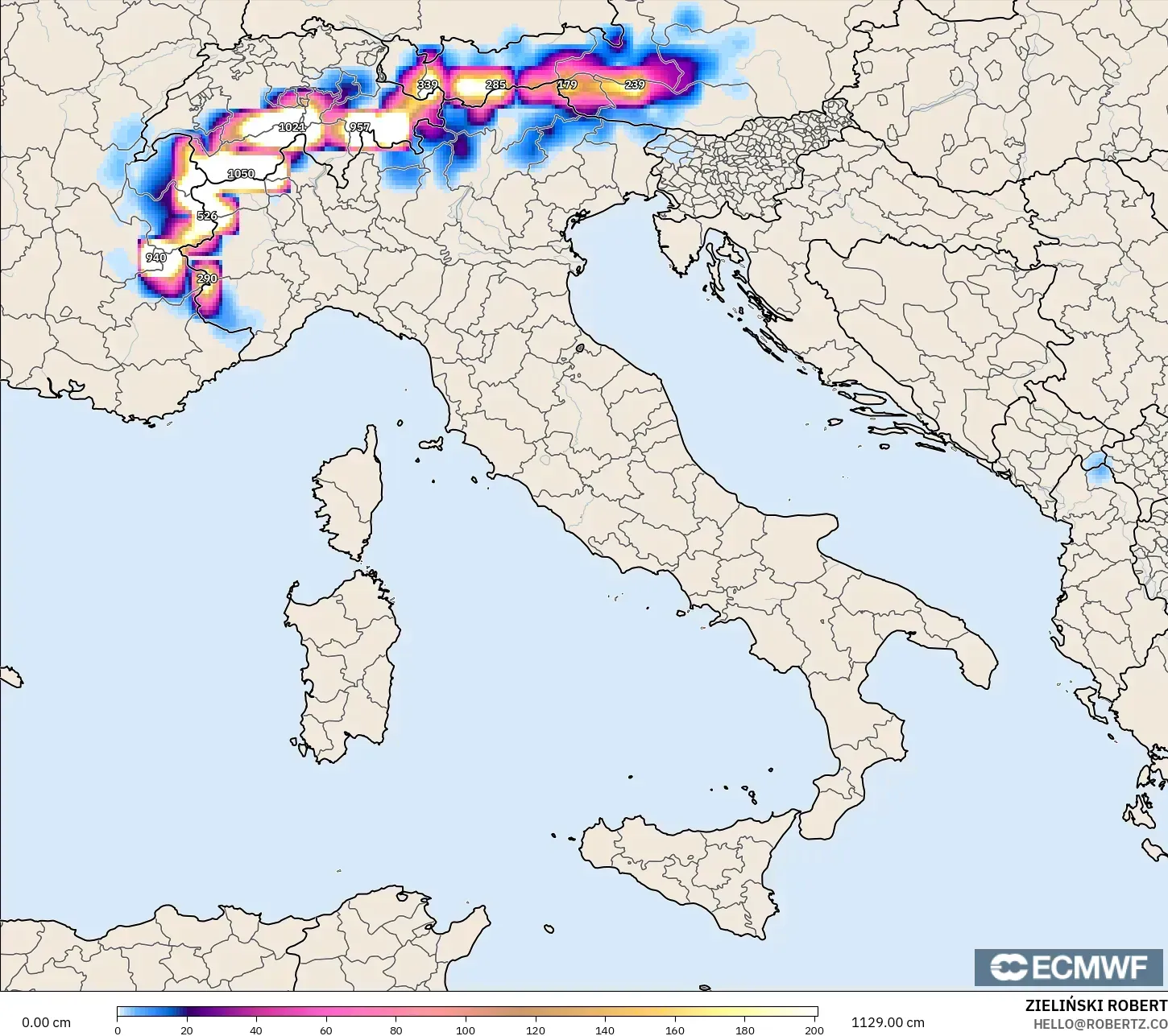 ECMWF IFS 0.25° model - Italy, Snow Depth