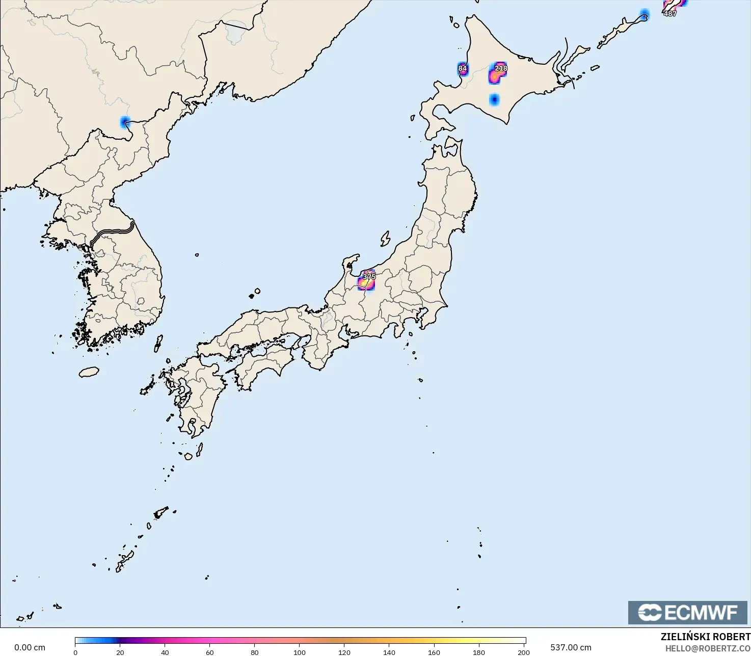 ECMWF IFS 0.25° model - Japan, Snow Depth