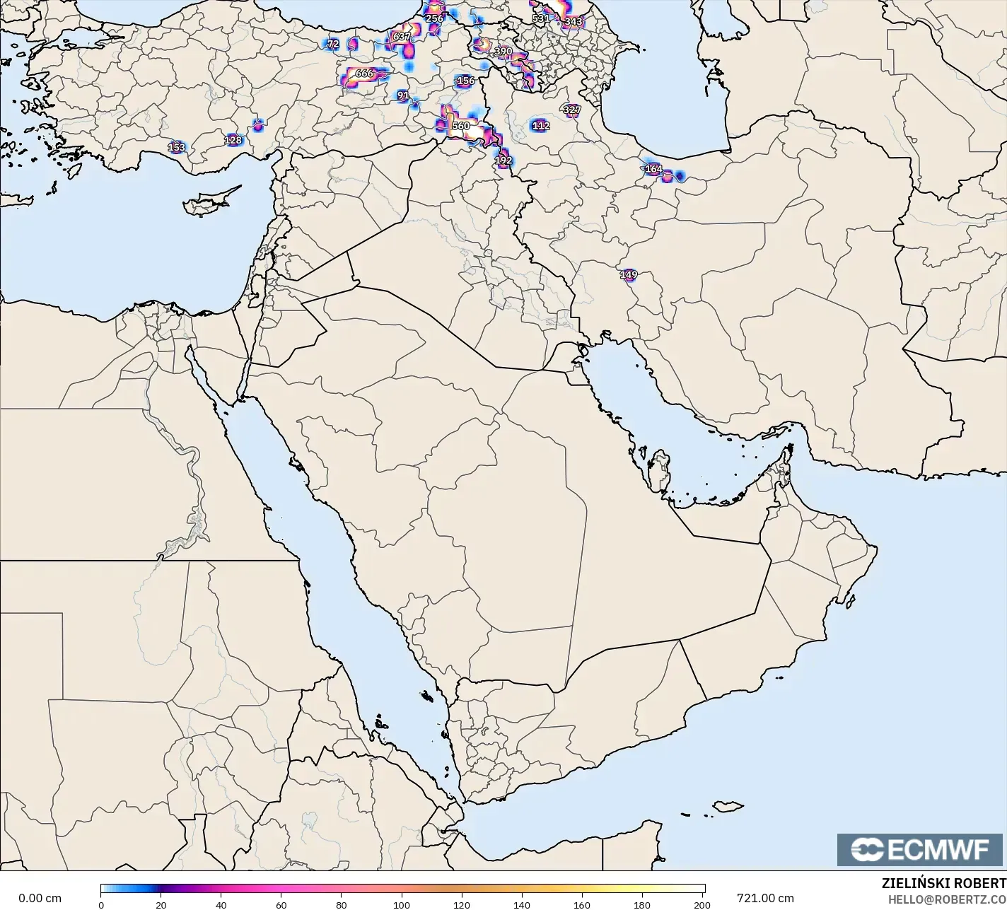 ECMWF IFS 0.25° model - Middle East, Snow Depth
