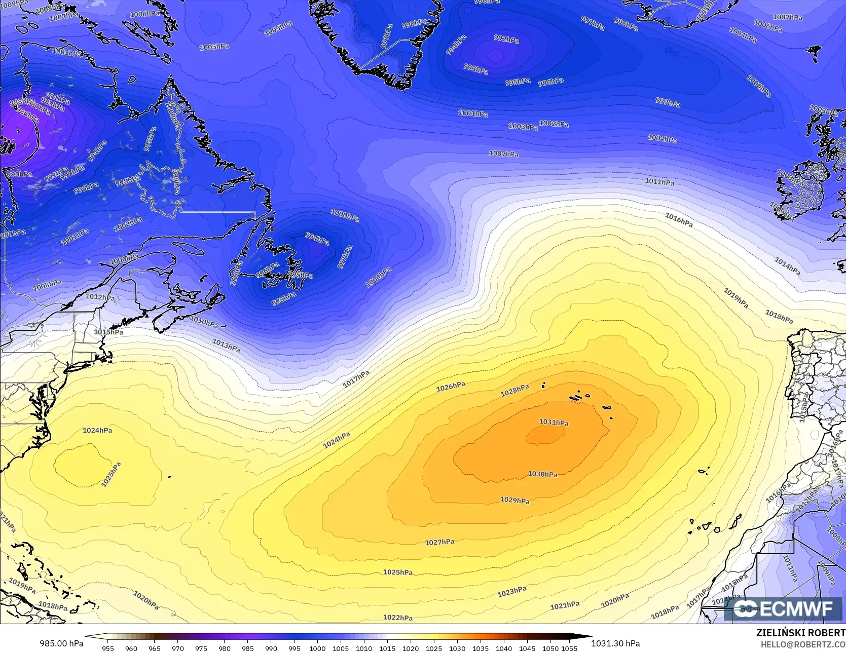 ECMWF IFS 0.25° model - North Atlantic, Pressure