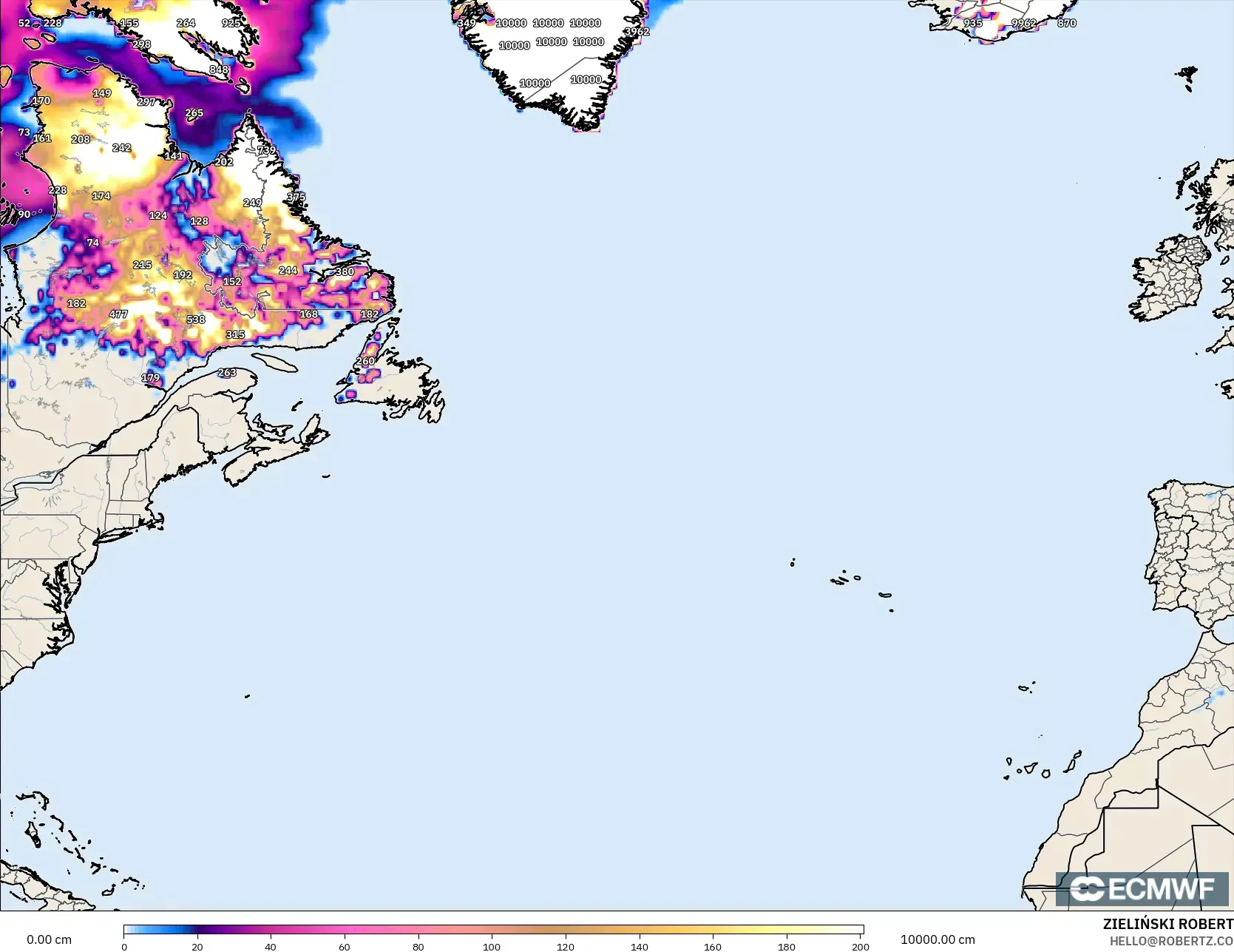 ECMWF IFS 0.25° model - North Atlantic, Snow Depth
