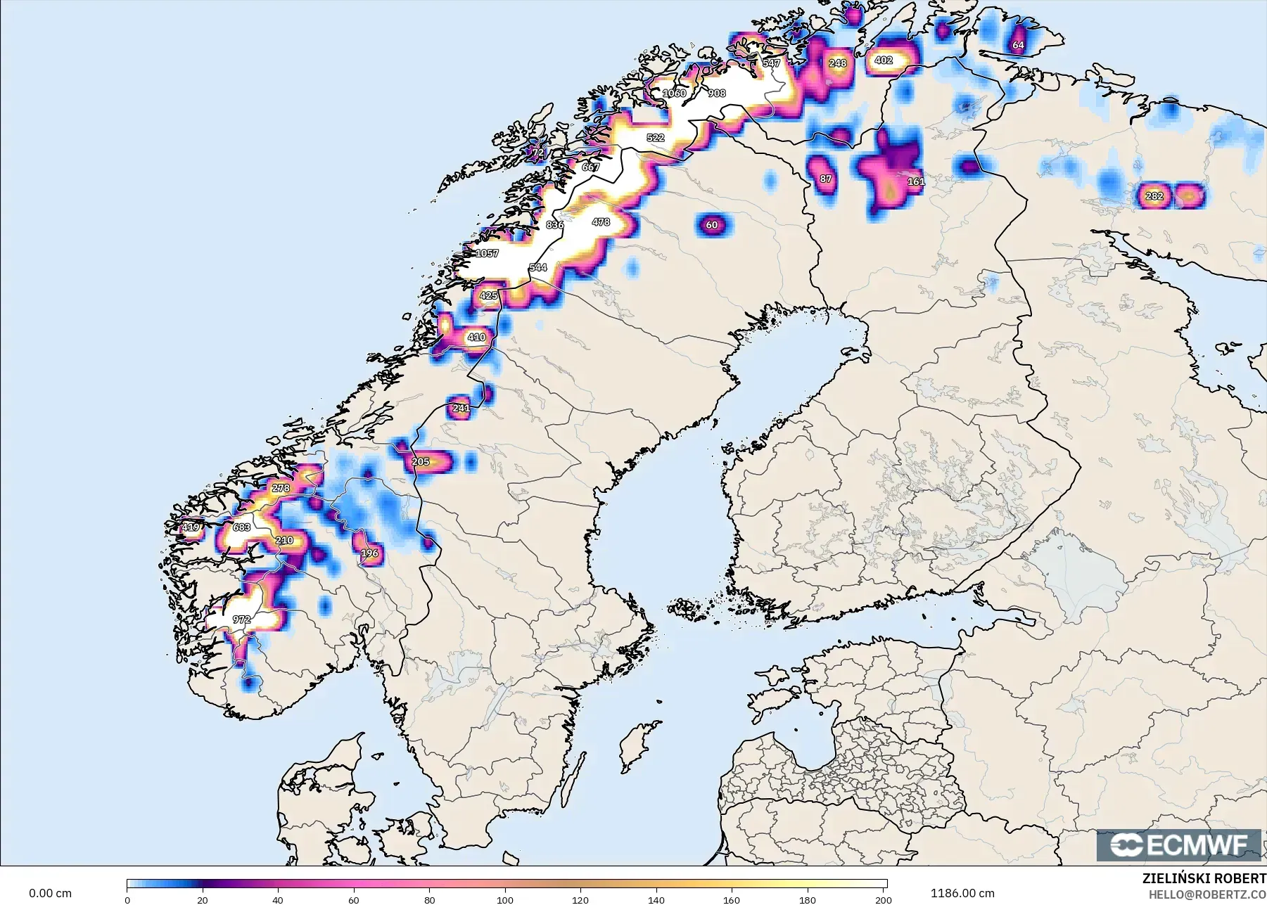 ECMWF IFS 0.25° model - Scandinavia, Snow Depth