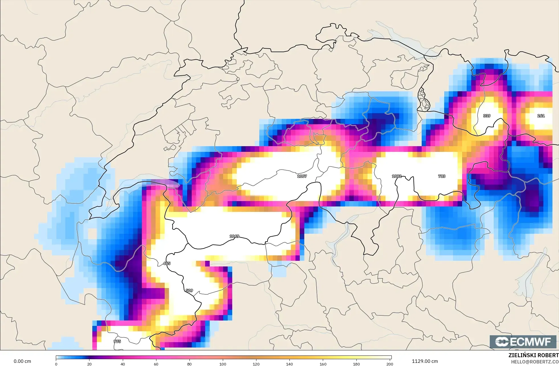 ECMWF IFS 0.25° model - Switzerland, Snow Depth