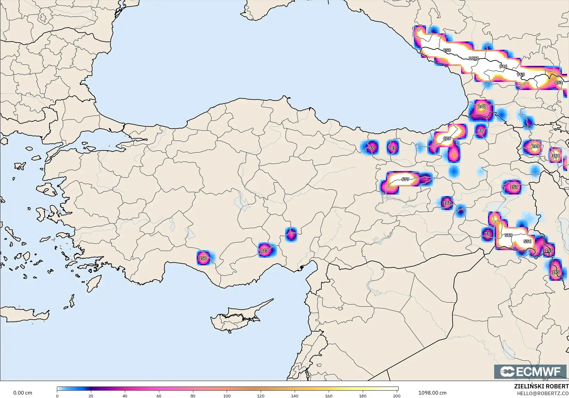 ECMWF IFS 0.25° model - Turkey, Snow Depth