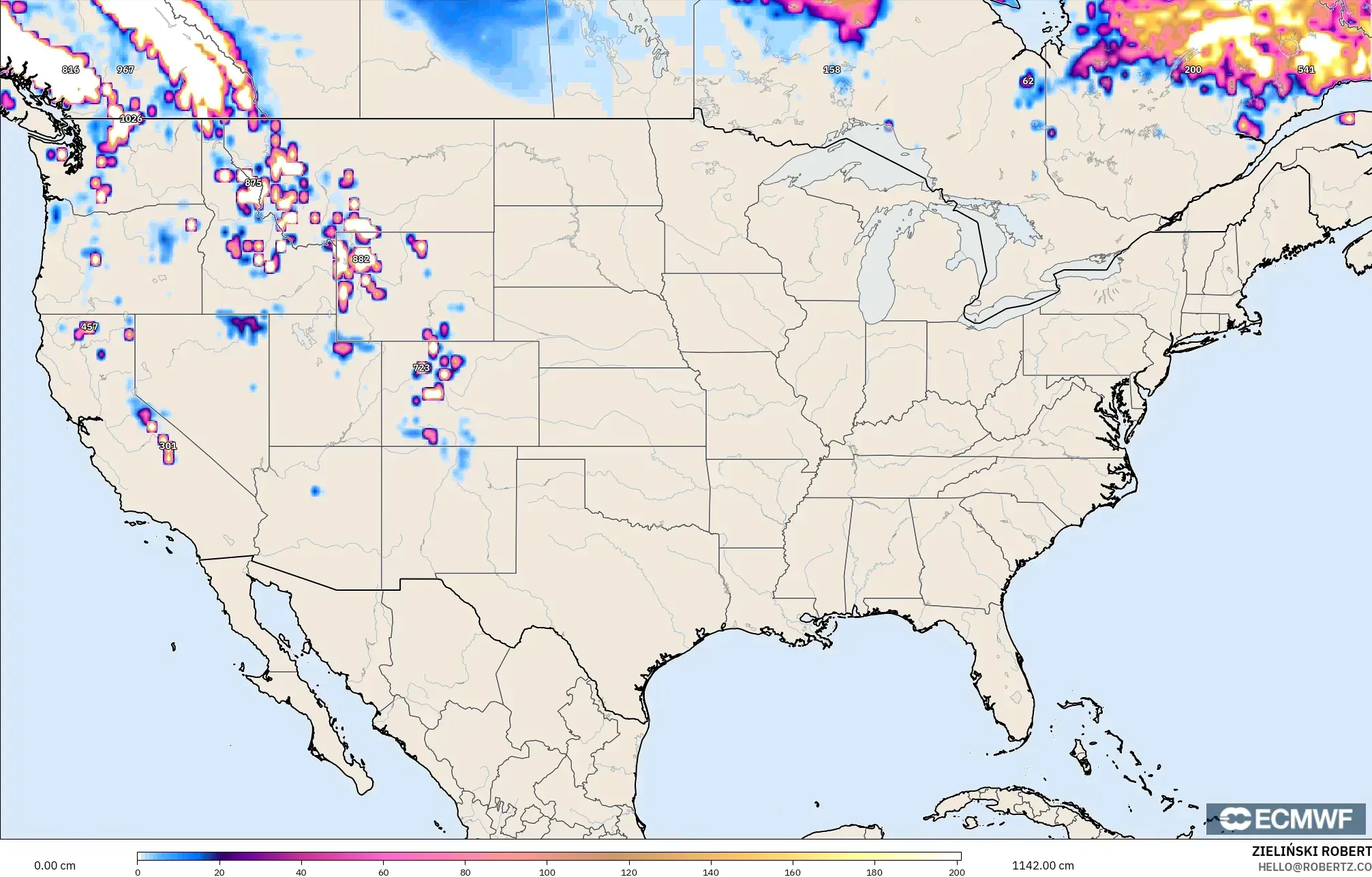 ECMWF IFS 0.25° model - United States, Snow Depth