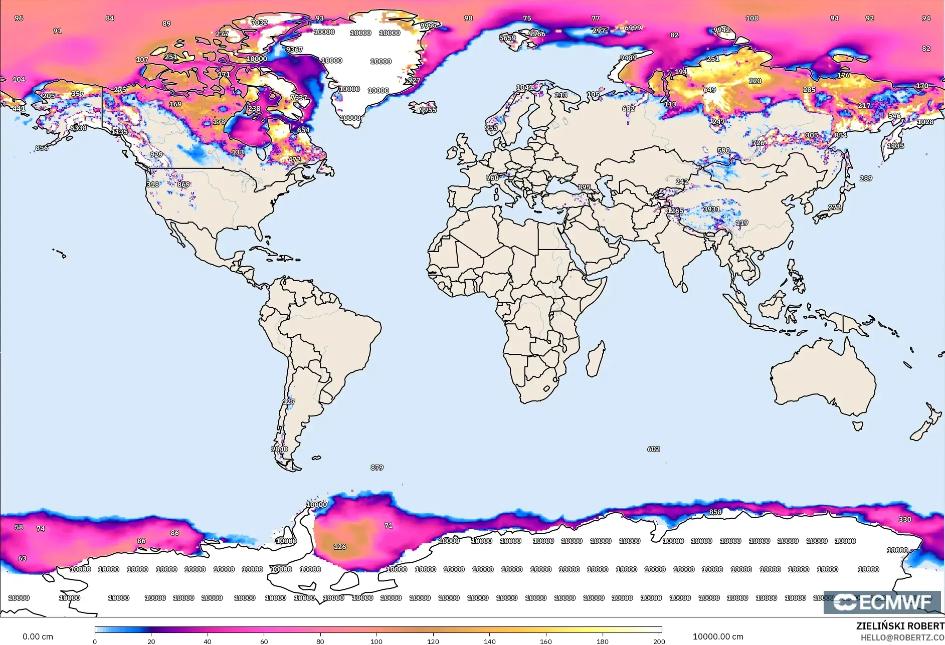 ECMWF IFS 0.25° model - World, Snow Depth