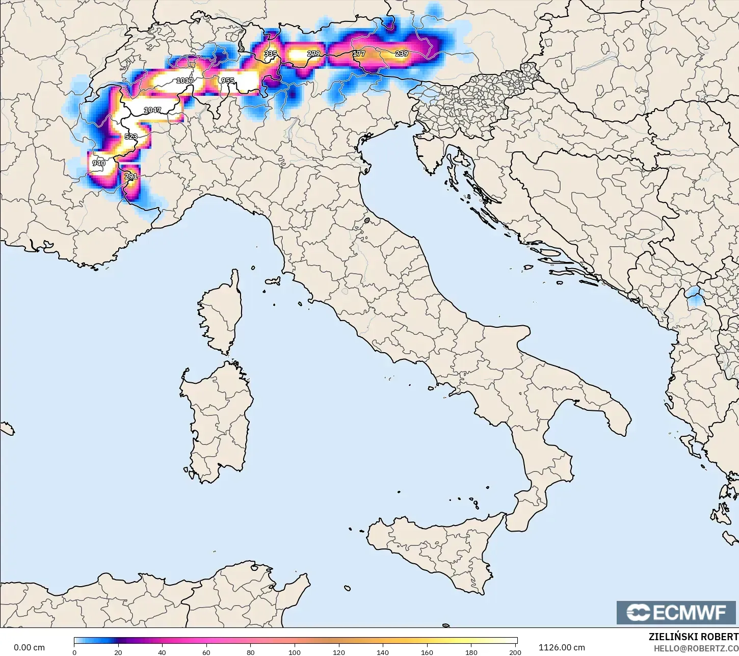 ECMWF IFS 0.25° model - Italy, Snow Depth