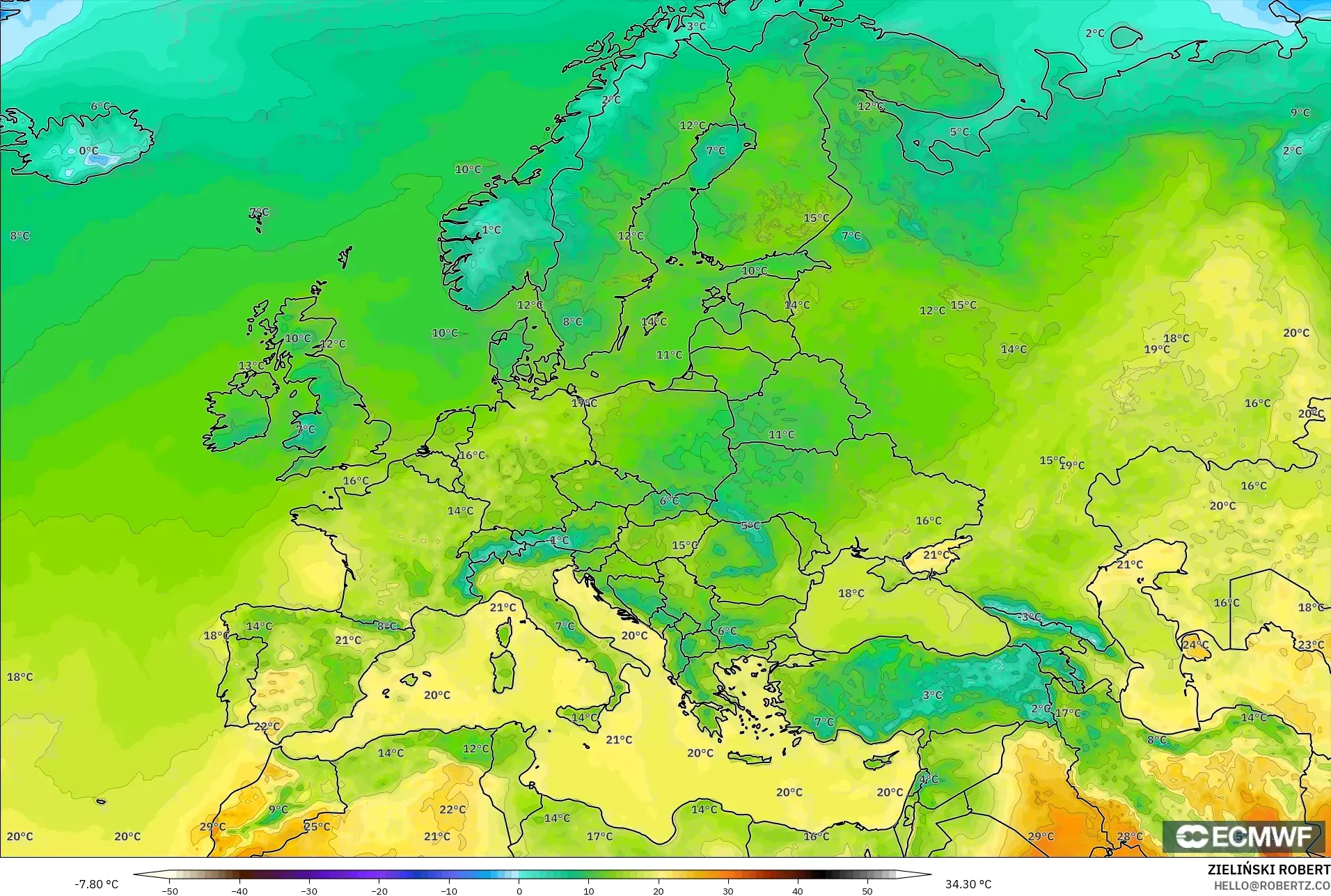 ECMWF IFS 0.25° model - Europe, Temperature at 2m