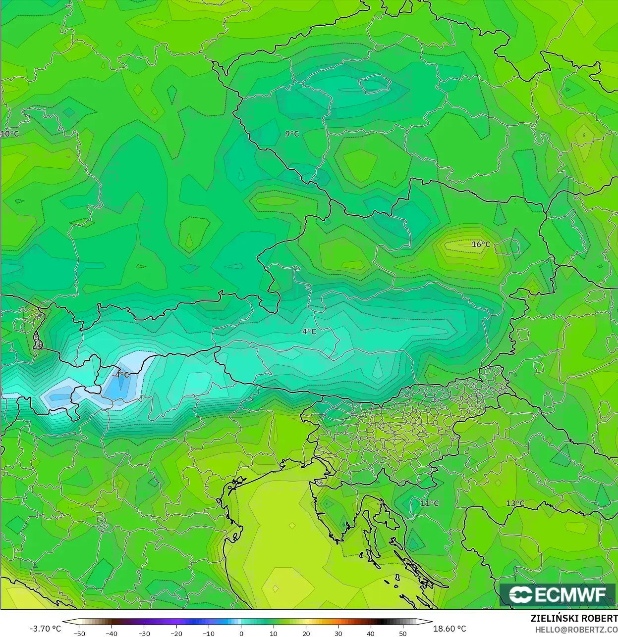 ECMWF IFS 0.25° model - Austria, Dewpoint at 2m