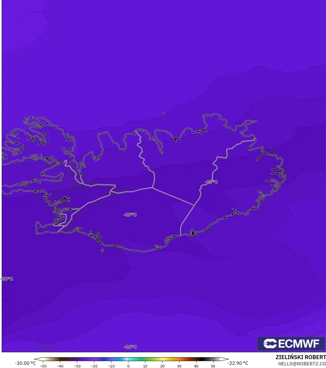 ECMWF IFS 0.25° model - Iceland, Temperature at 500hPa