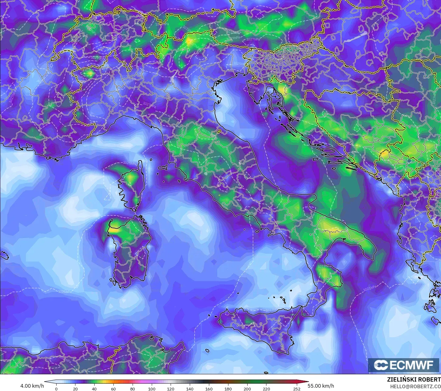 ECMWF IFS 0.25° model - Italy, Wind Gusts