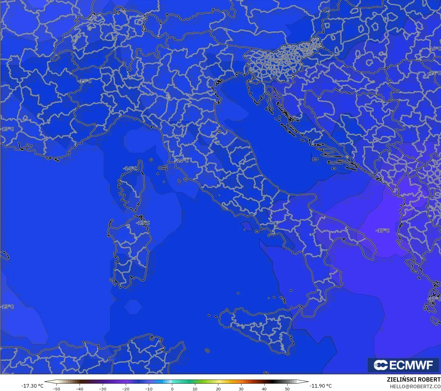 ECMWF IFS 0.25° model - Italy, Temperature at 500hPa