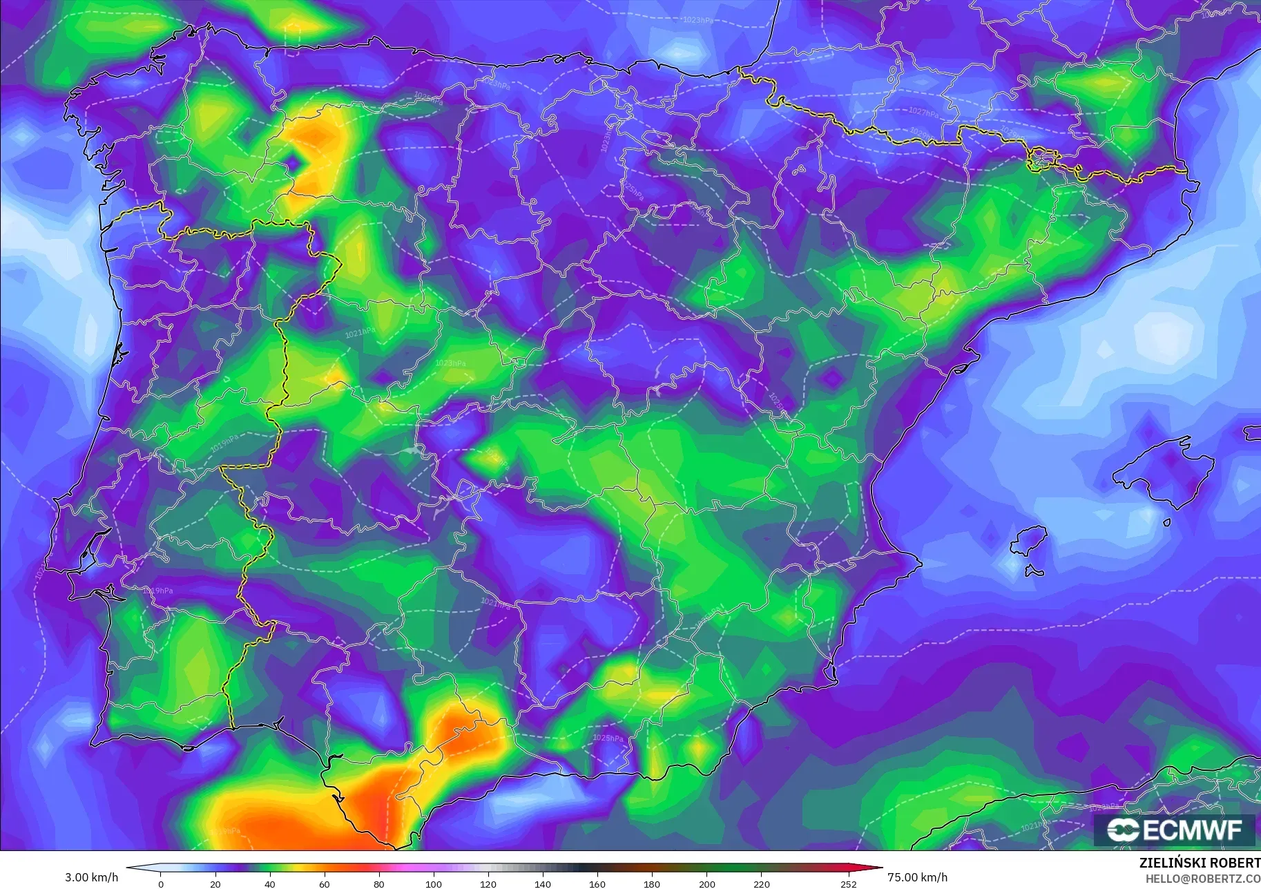 ECMWF IFS 0.25° model - Spain, Wind Gusts Peak