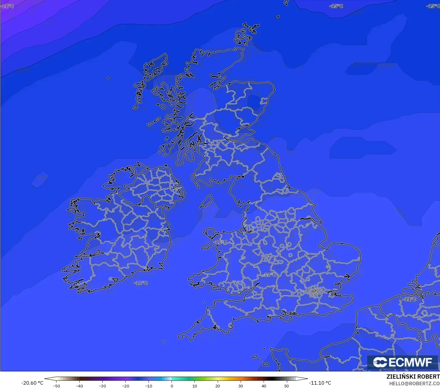 ECMWF IFS 0.25° model - United Kingdom, Temperature at 500hPa