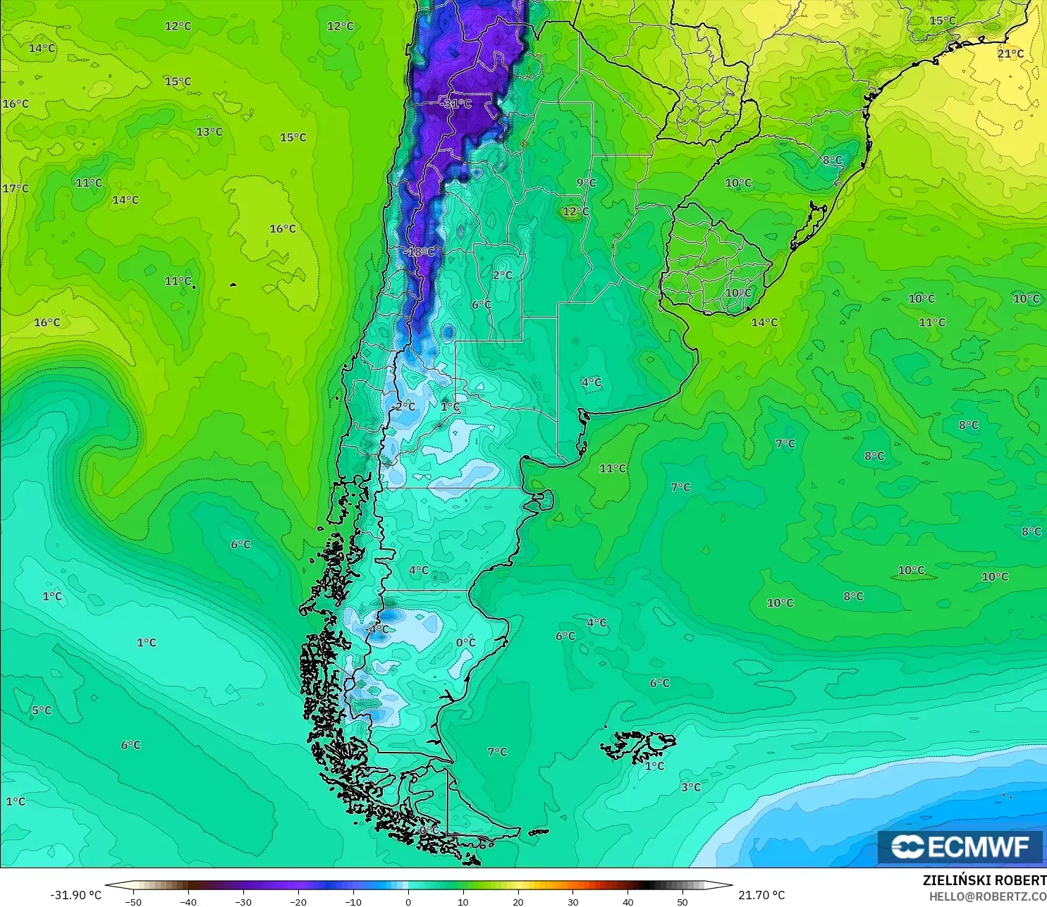 ECMWF IFS 0.25° model - Argentina, Dewpoint at 2m